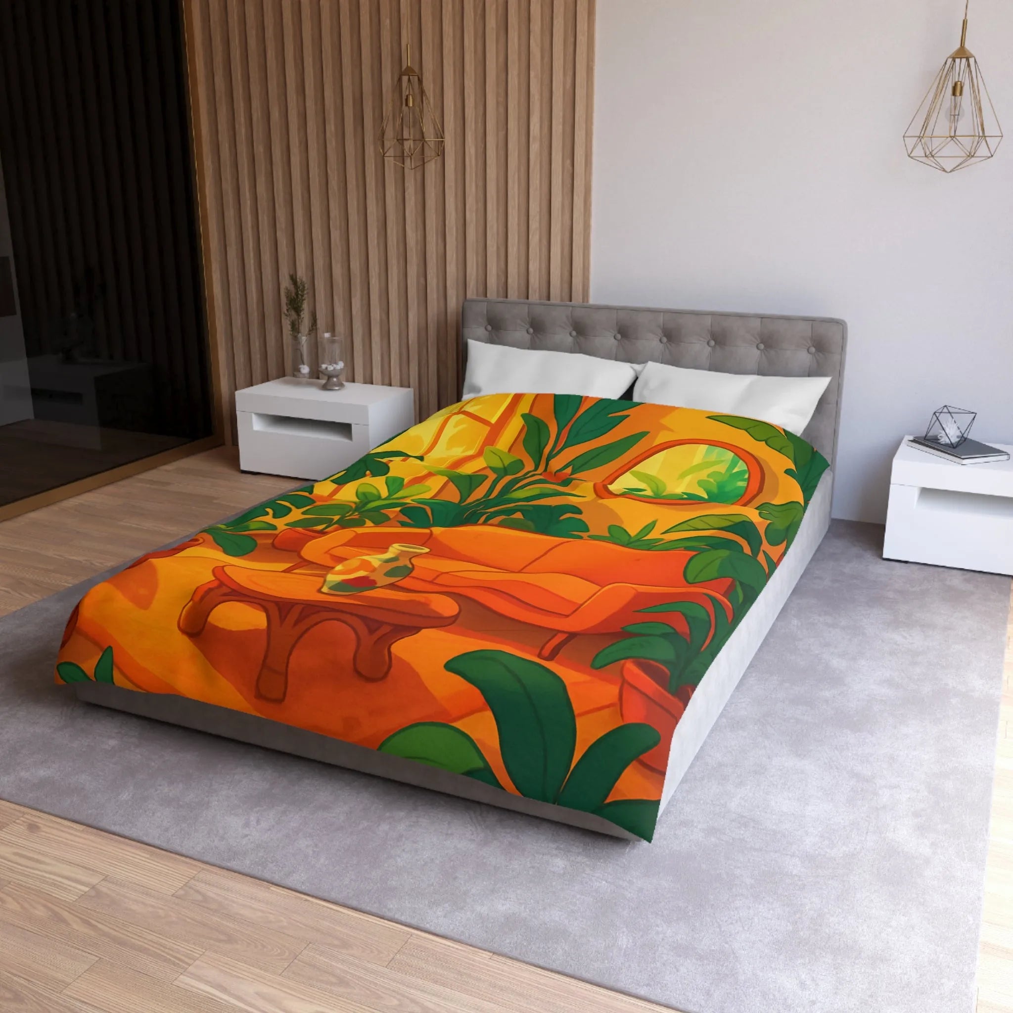 Housse de couette avec motif jungle moderne, ambiance chaleureuse et couleurs éclatantes