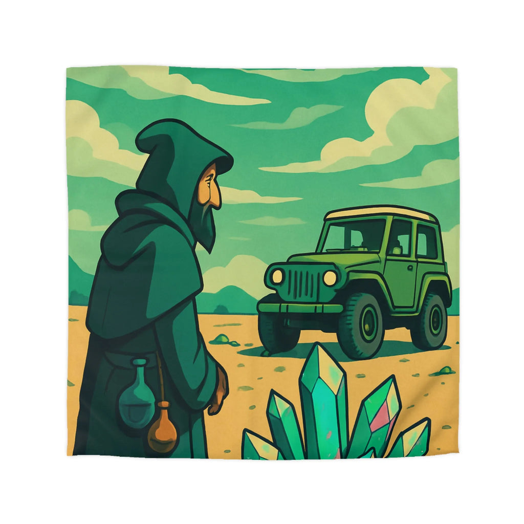 Housse de couette illustrée avec paysage surnaturel, grotte colorée et véhicule tout-terrain