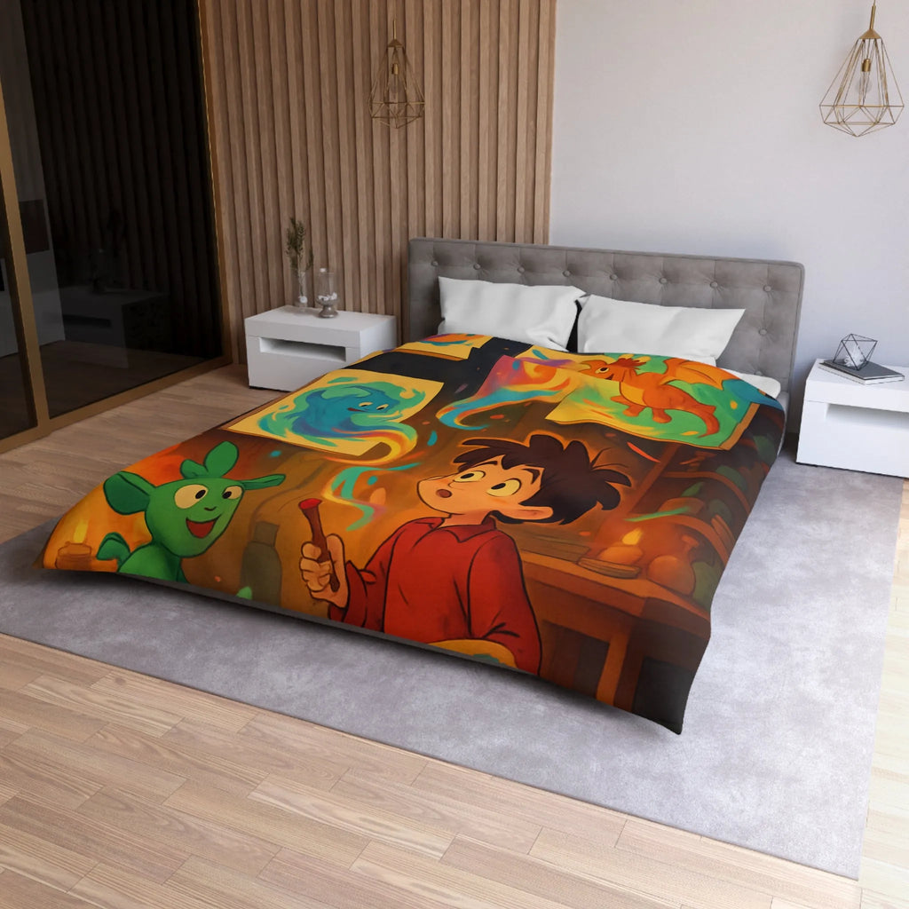 Housse de couette magique illustrant un artiste jeunesse avec créatures fantastiques et peintures lumineuses