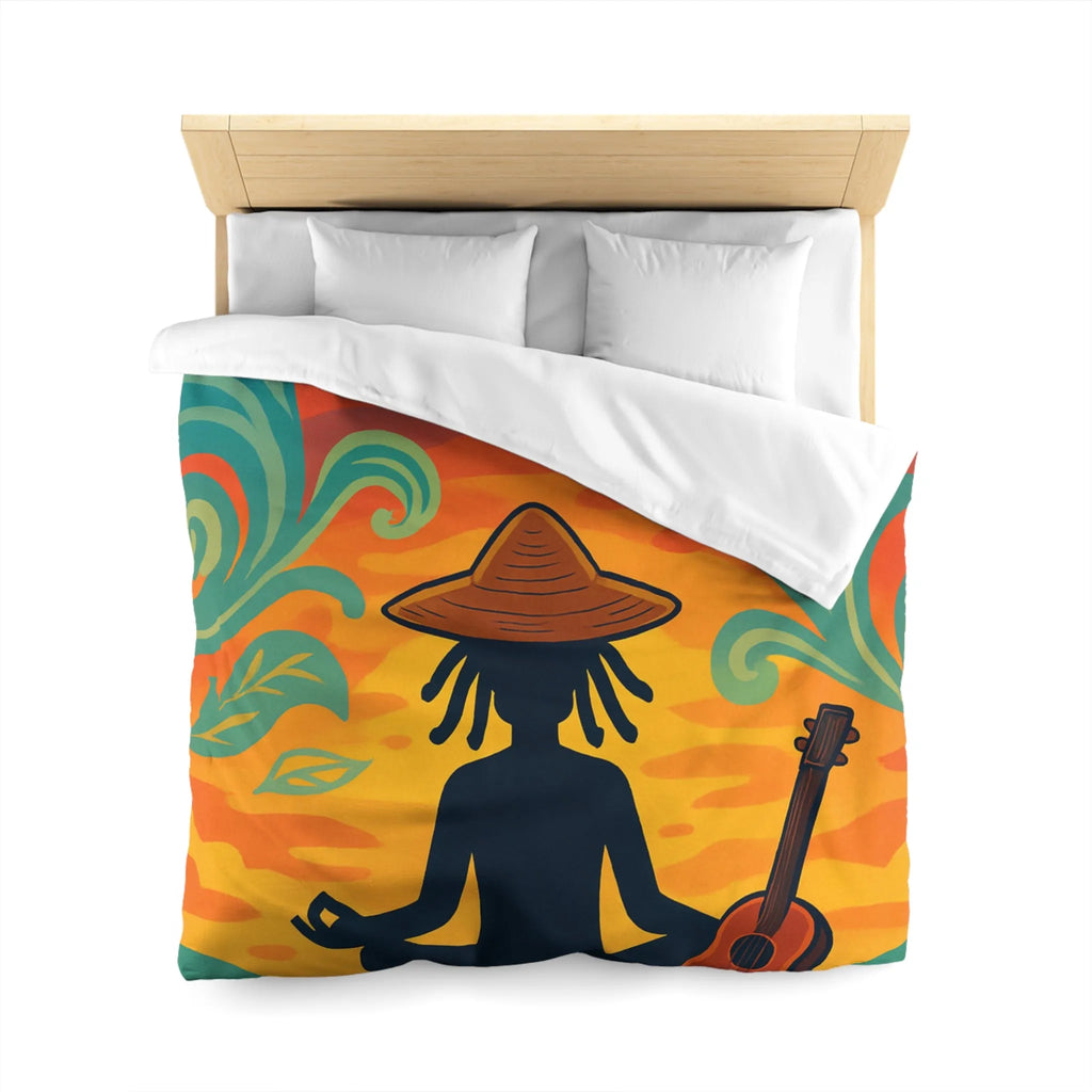 Housse de couette avec silhouette méditative et nature vibrante sous coucher de soleil coloré