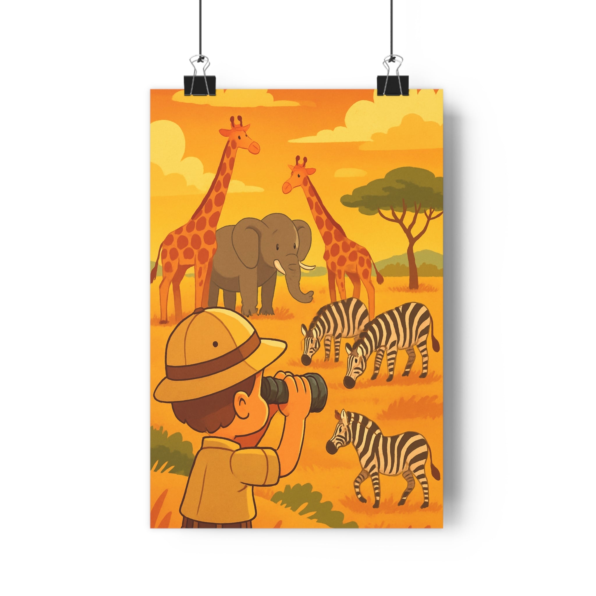 Poster décoratif cartoon savane aventure enfant animaux girafes zèbres éléphant jumelles chambre lumineux chaleureux