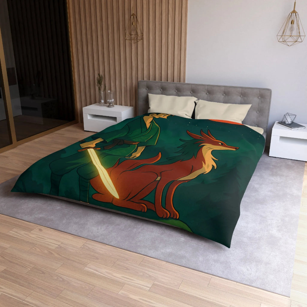 Housse de couette épique avec lune rouge, scène mystique et créature légendaire