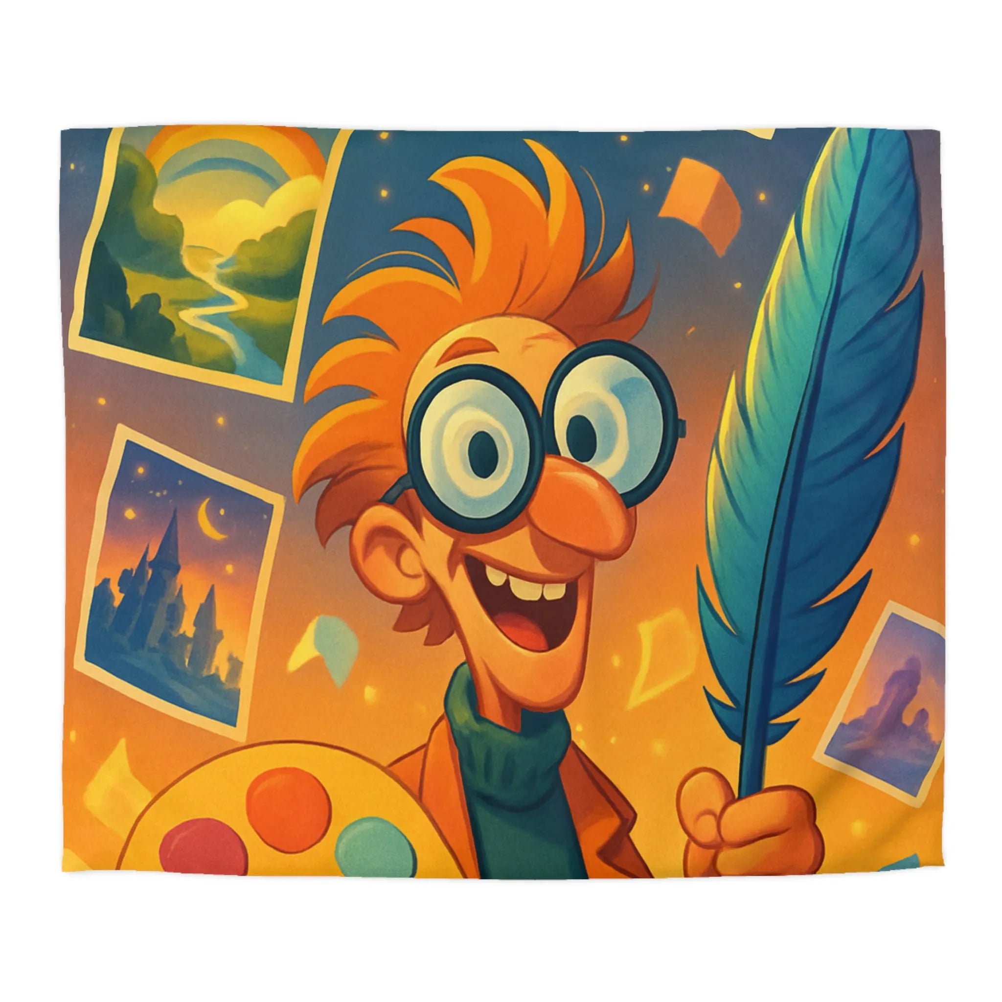 Housse de couette colorée avec paysage de conte de fées et artiste joyeux