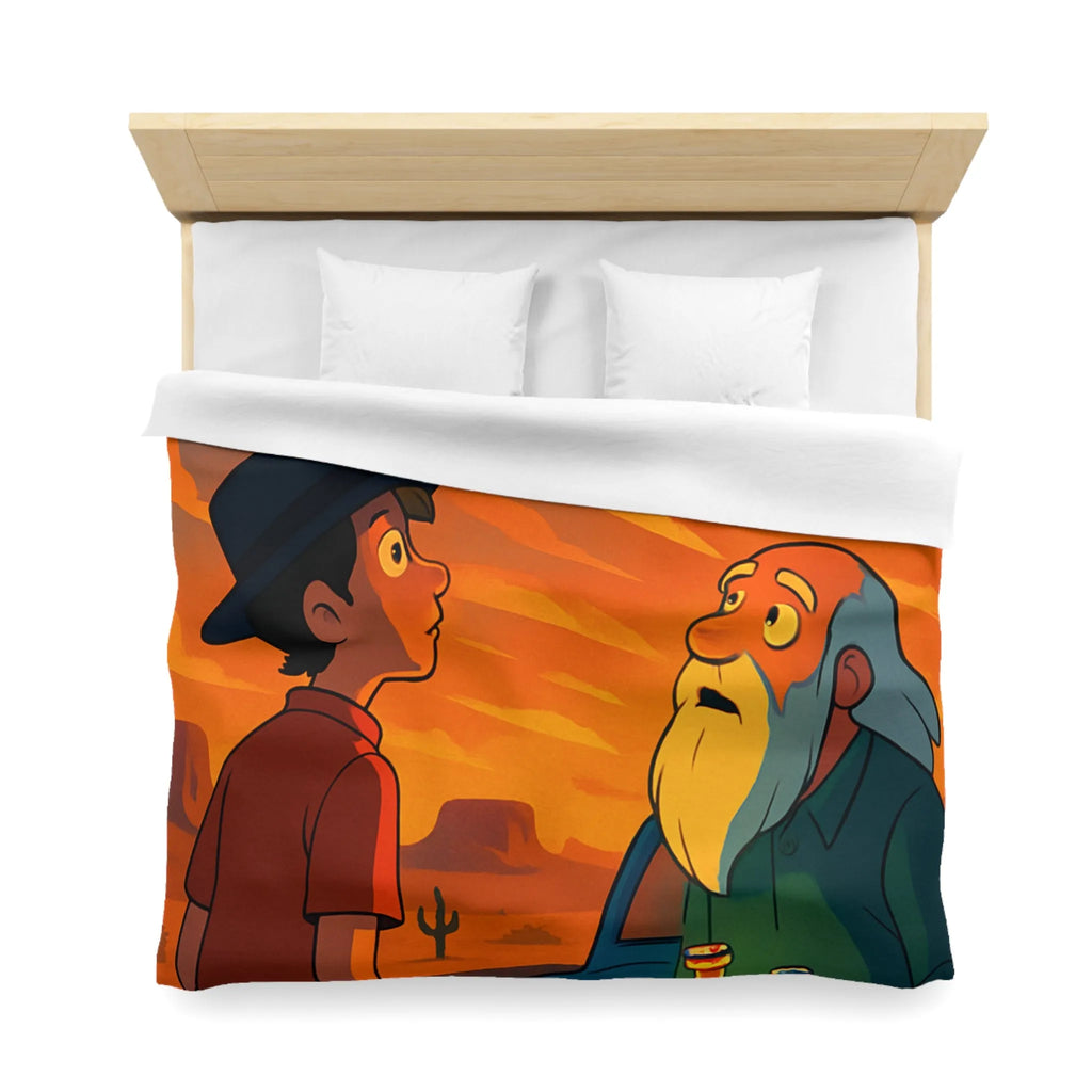 Housse de couette artistique coucher de soleil désertique avec flacons lumineux et personnages