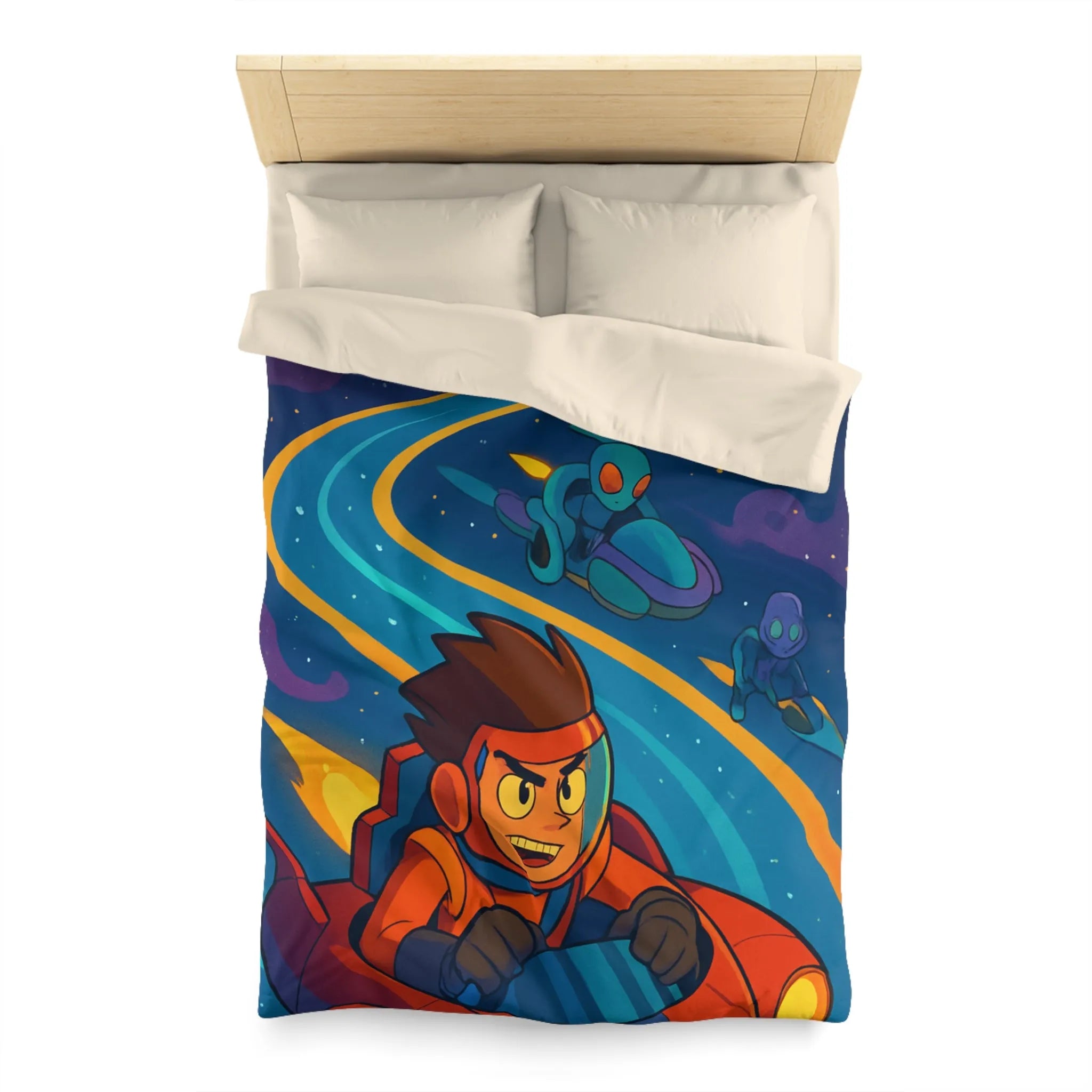 Housse de Couette Illustrée Espace avec Personnage et Vaisseaux pour Enfants Couleurs Vives