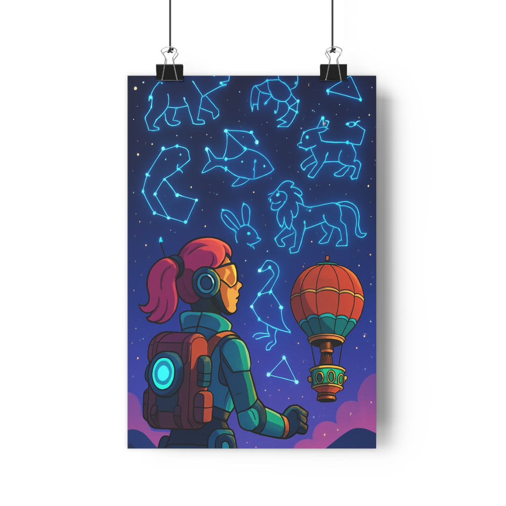 Poster décoratif futuriste steampunk aventure magique bleu rouge salon chambre exploratrice ciel étoilé dirigeable