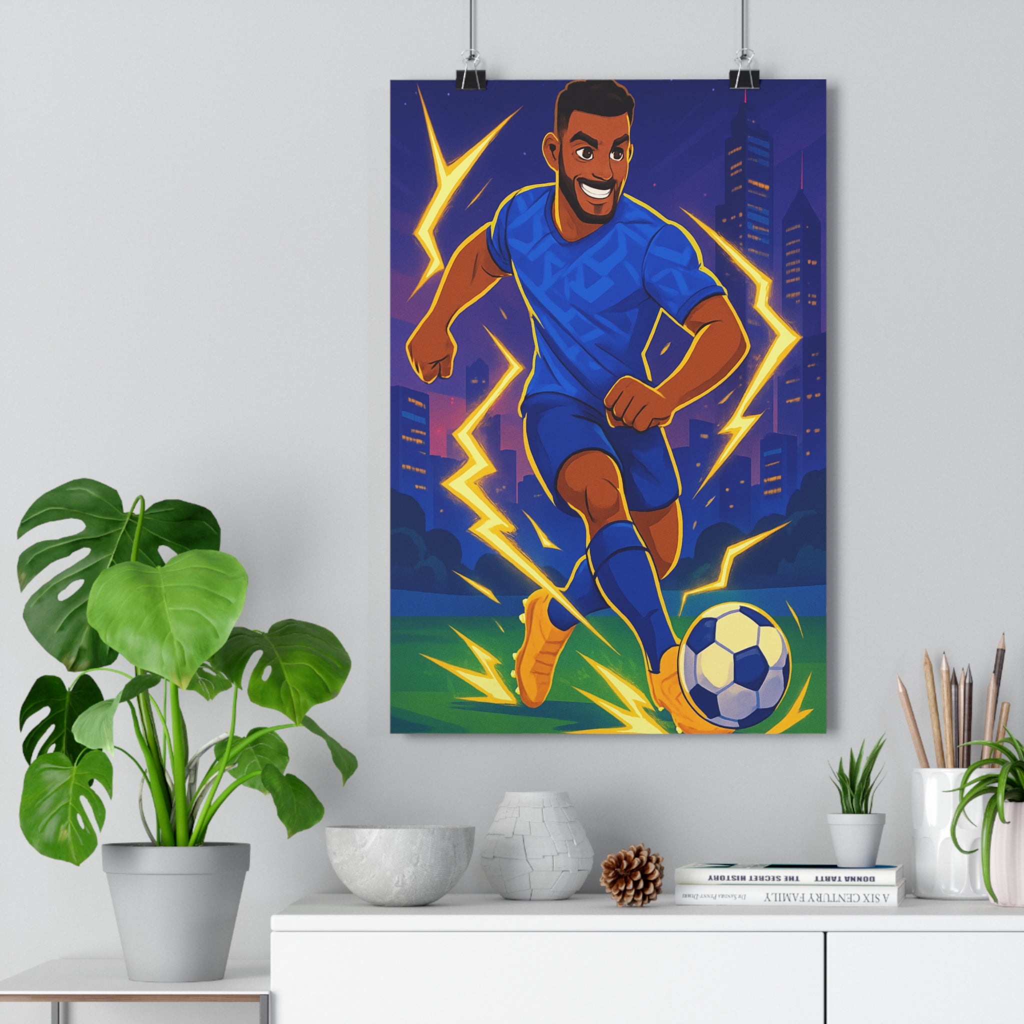 Poster décoratif moderne anime bleu jaune énergique chambre enfant sport dynamique 30x46 cm football