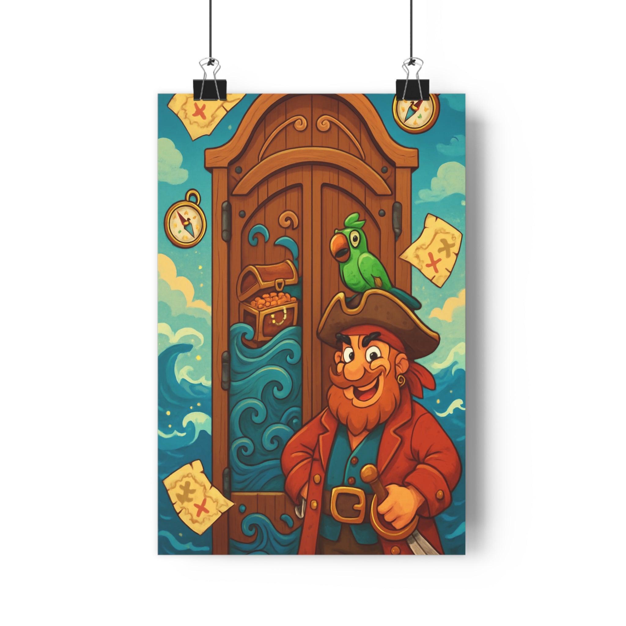 Poster décoratif aventure pirate vert bleu trésor chambre enfant ludique coloré joyeux marin bois