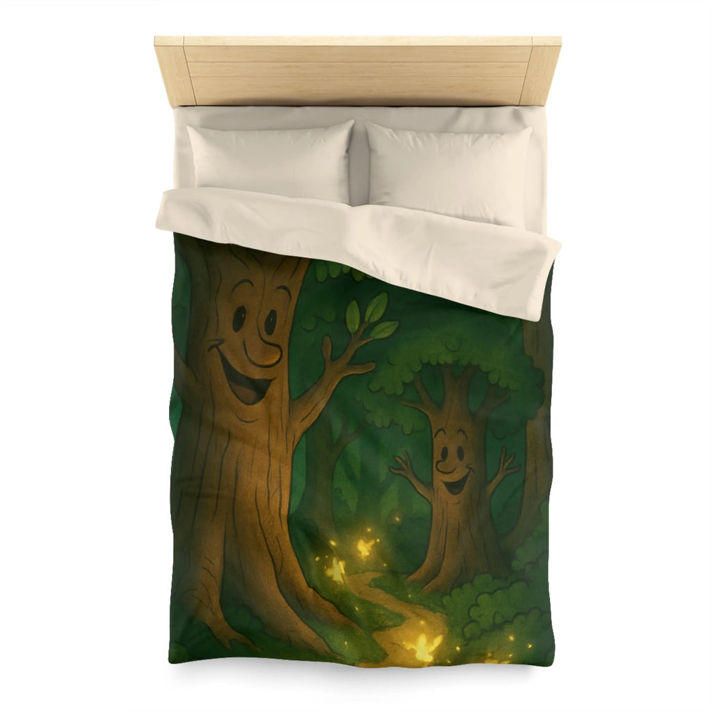 Enchanting Cartoon Forest Scene with Smiling Trees and Glowing Fireflies at Night