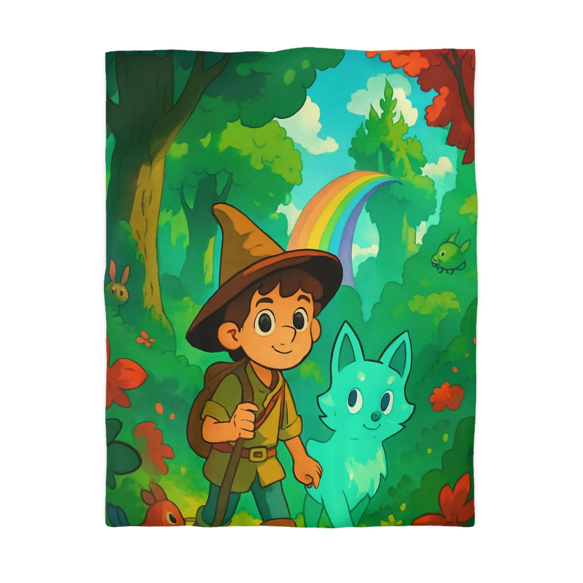 Housse de Couette Enfant avec Petit Sorcier et Animal Magique sous Arc-en-ciel