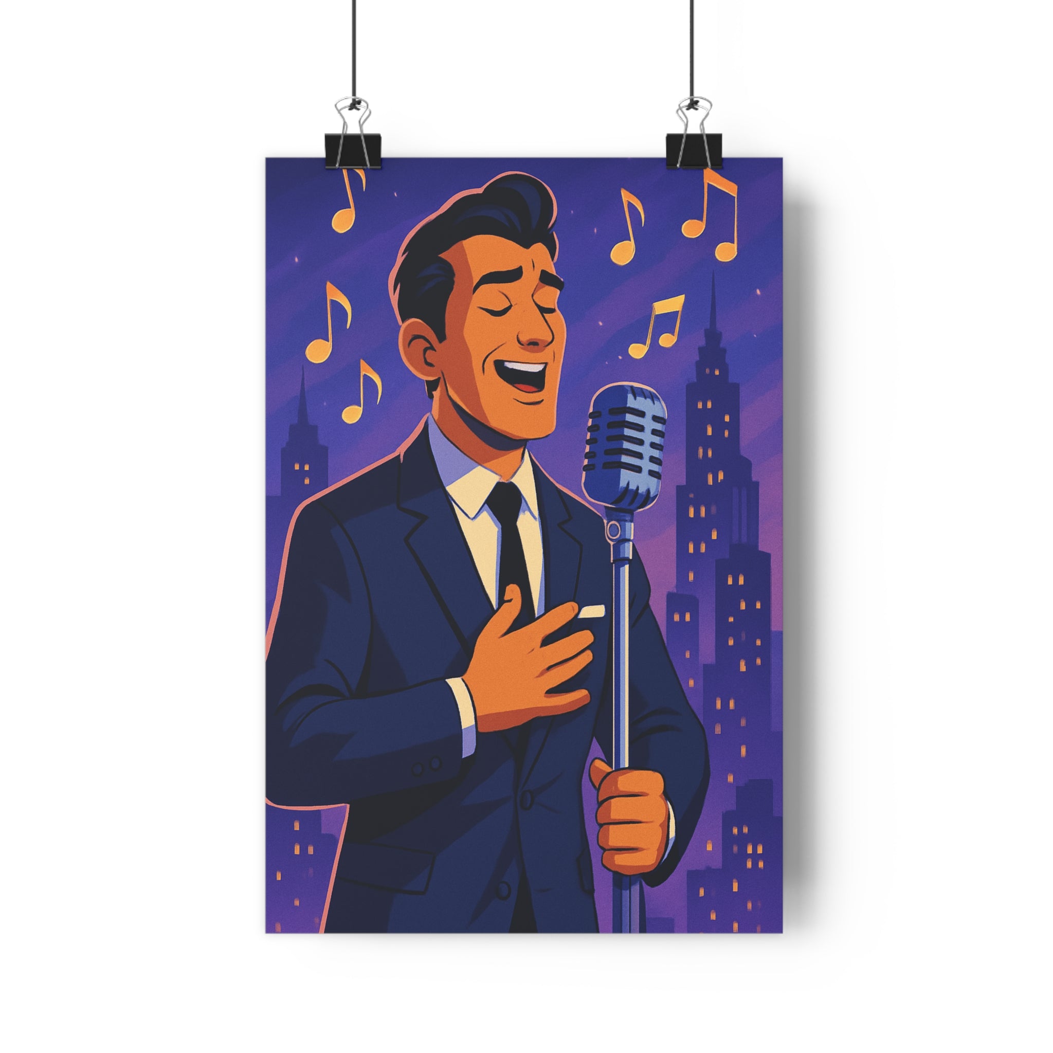 Poster décoratif rétro chanteur élégant costume sombre musique urbain lumineux chambre vintage ambiance dessin