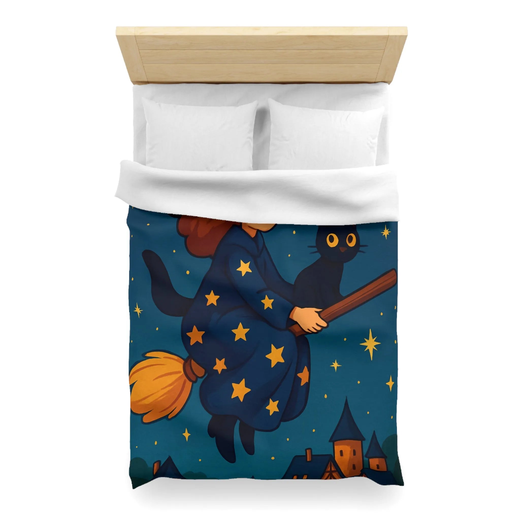 Housse de Couette Enfant Fantaisie Sorcière et Chat Noir sur Balai Nocturne