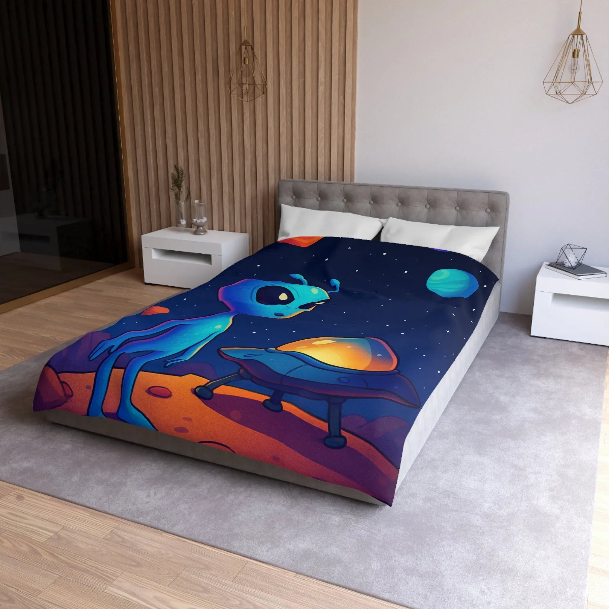 Housse de couette avec motif adorable de petit extraterrestre bleu et soucoupe volante
