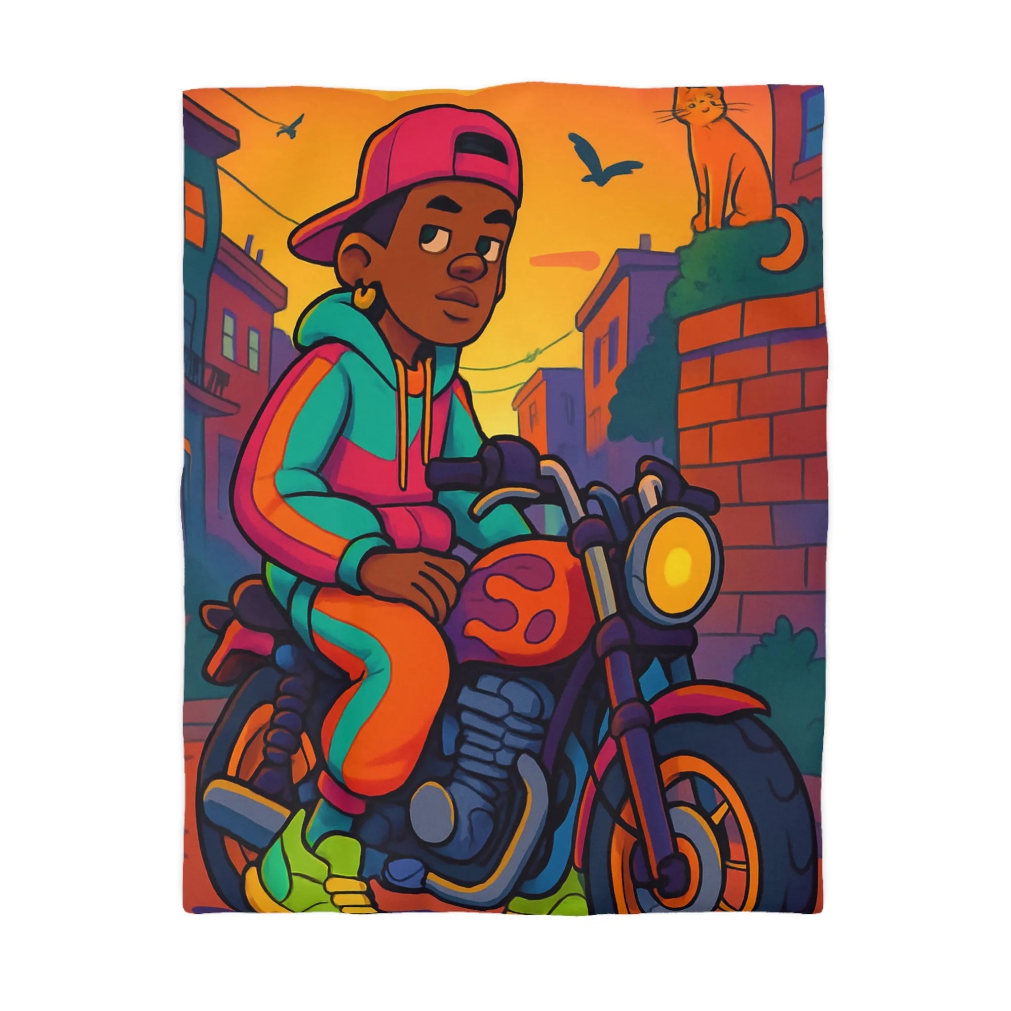 Housse de Couette Colorée avec Motif de Motard Urbain et Chat Orange Artistique