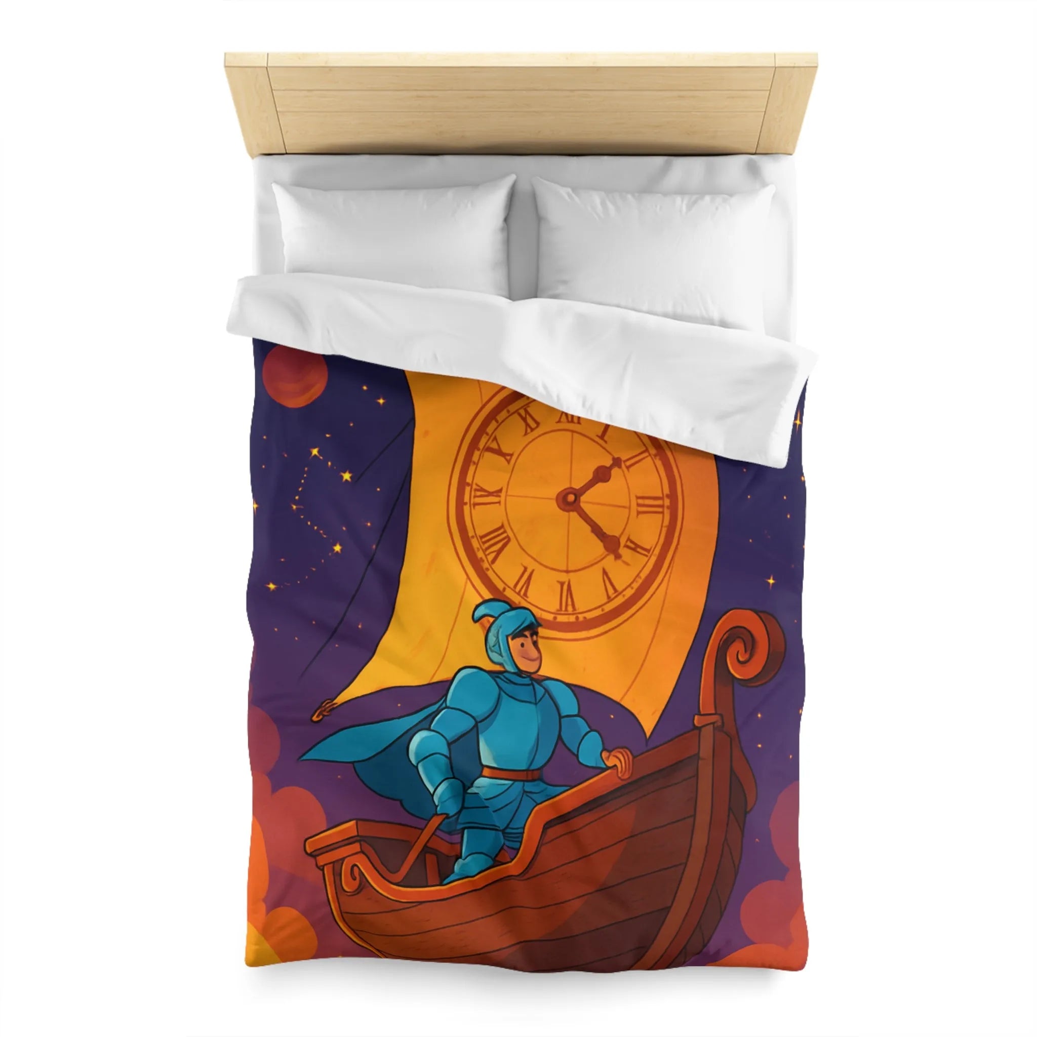 Housse de couette enfant rêveur : chevalier voyageant à travers le cosmos étoilé