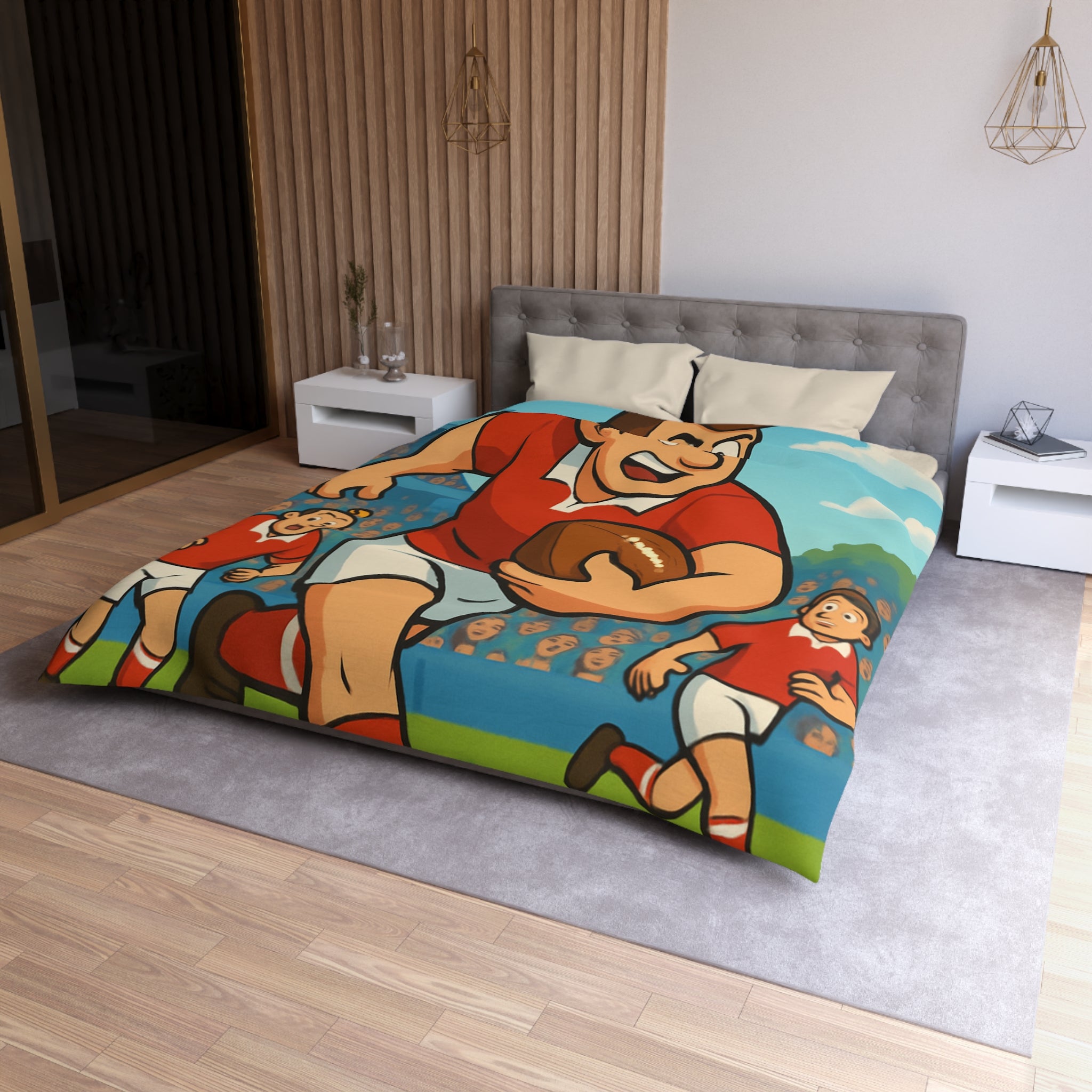 Housse de couette rugby dynamique en rouge et blanc pour chambre d'enfant sportive