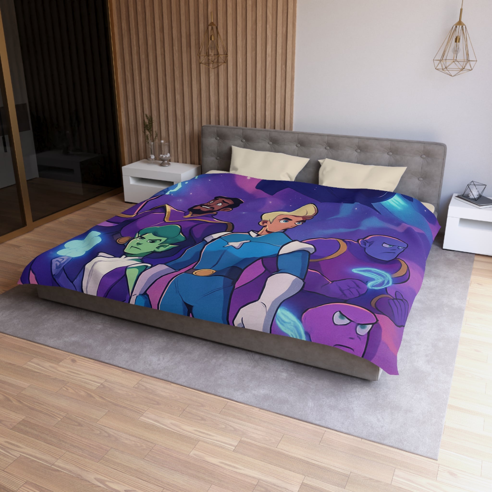 Housse de couette spatiale avec héroïques personnages animés sous vaisseau intergalactique étoilé
