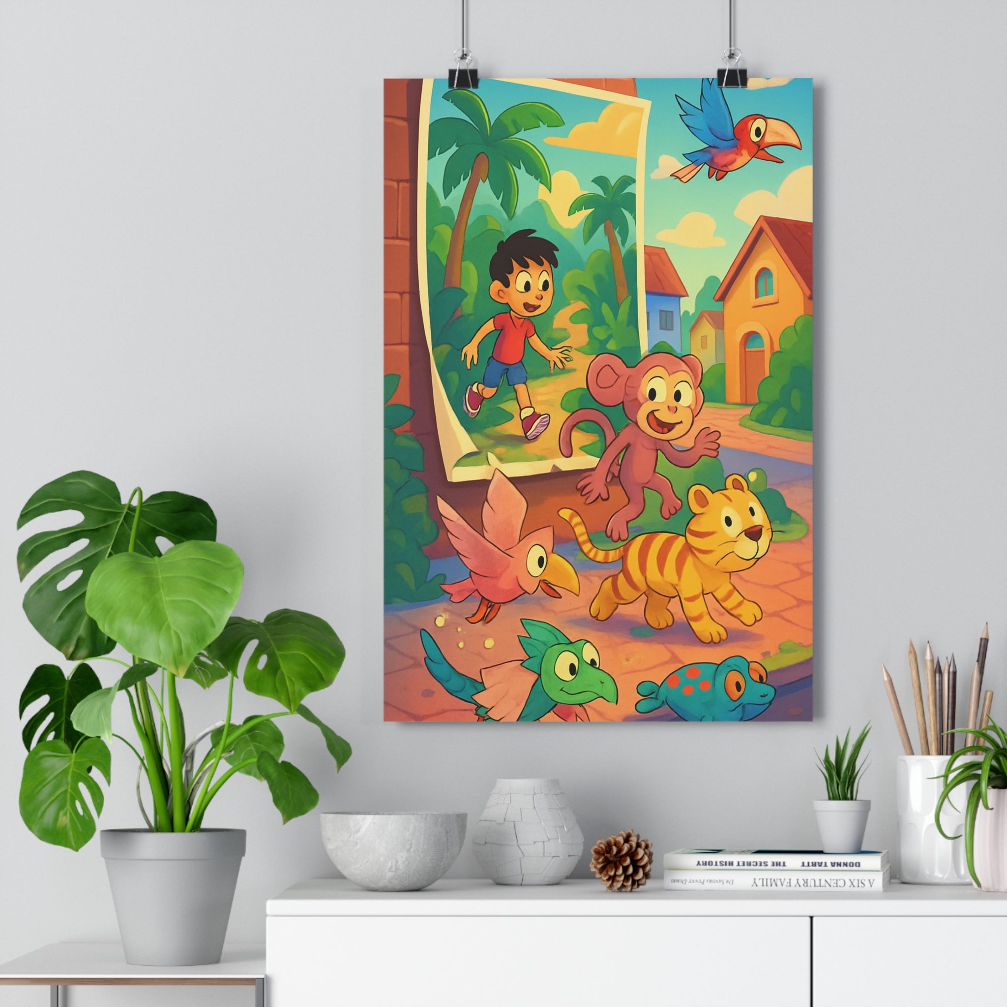 Poster décoratif anime vibrant coloré joyeux chambre enfant bleu vert jaune animaux cadre qualité