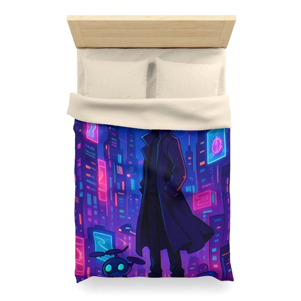Housse de couette en néon futuriste avec personnage mystérieux et skyline cyberpunk