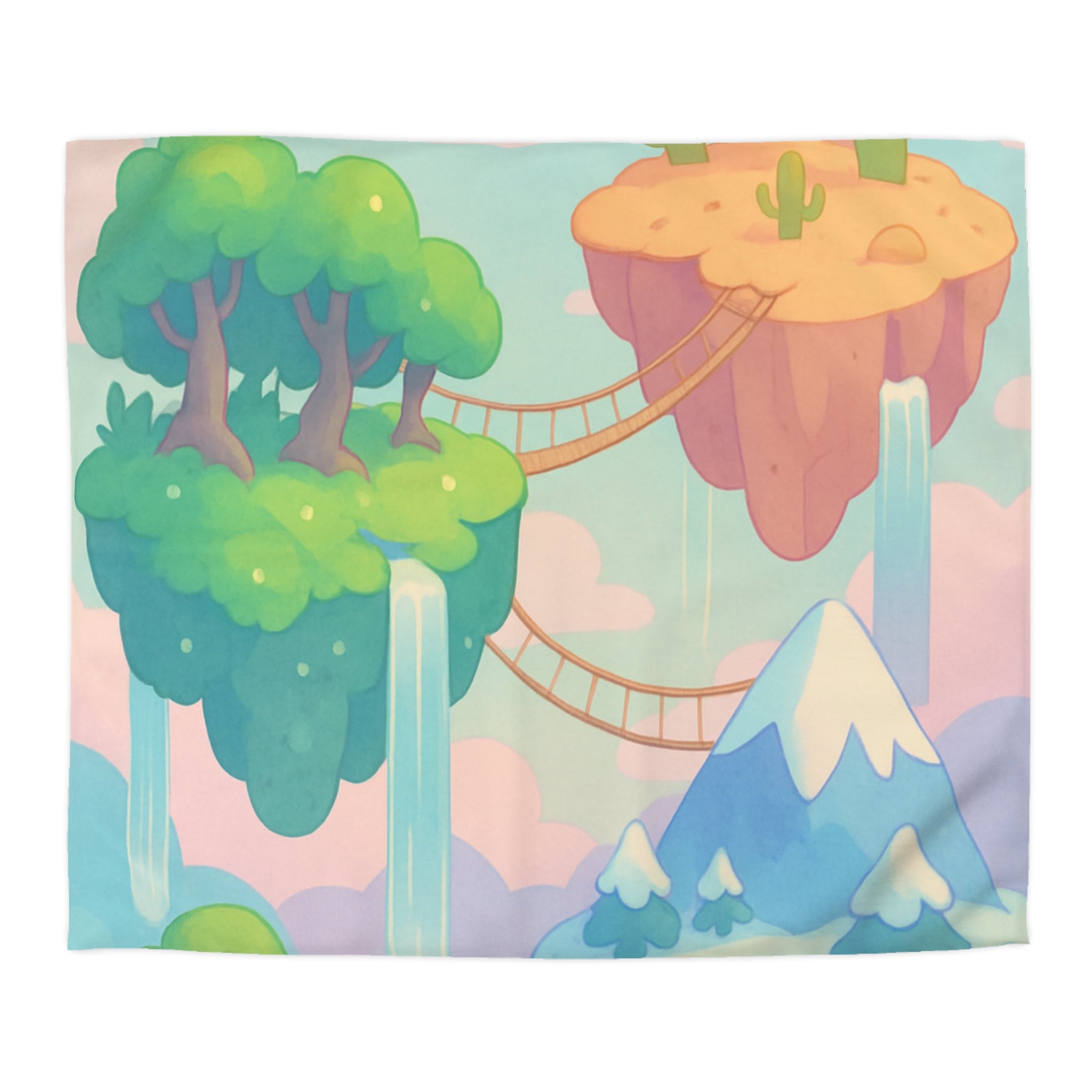 Housse de couette rêveuse avec montgolfière et îles flottantes féeriques en pastel