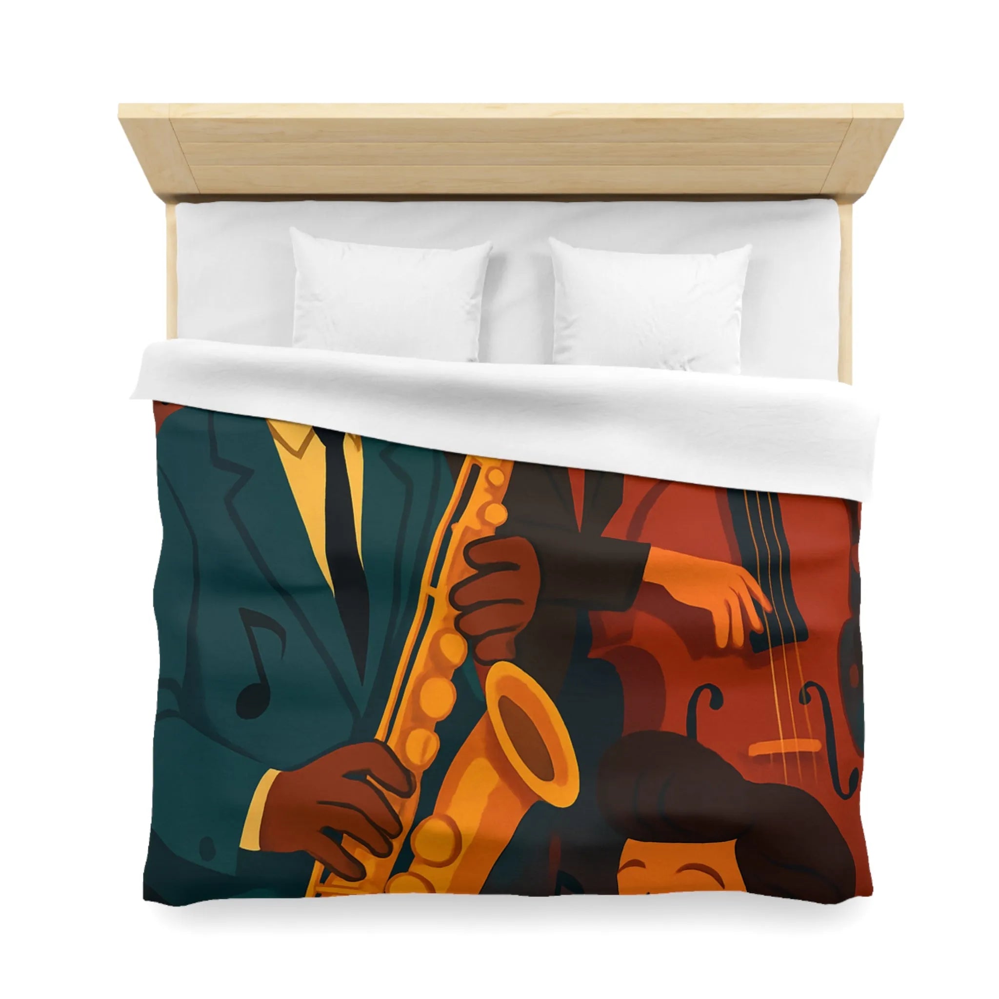 Housse de couette jazz rétro avec musiciens passionnés jouant du saxophone et contrebasse