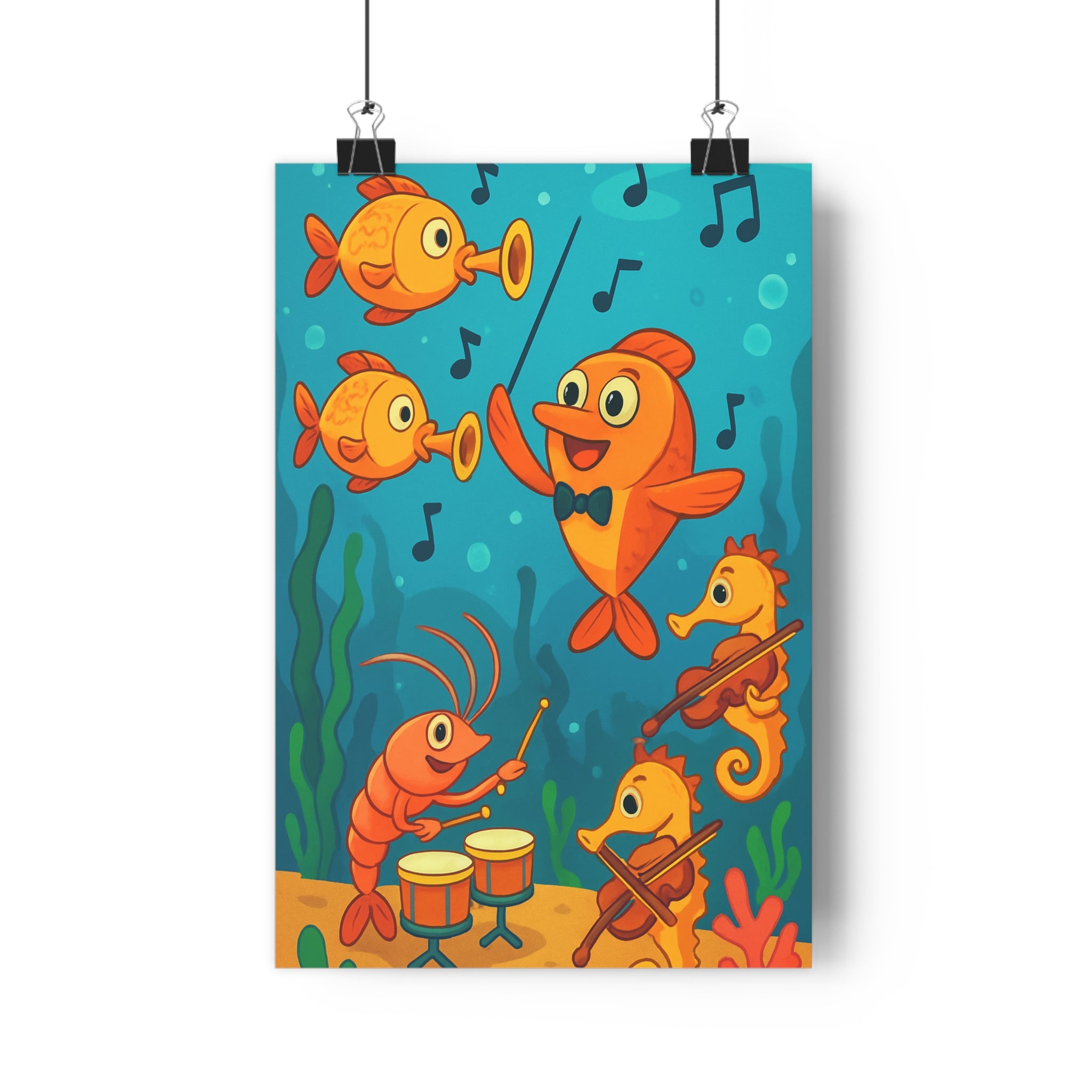 Poster décoratif cartoon joyeux orange bleu chambre enfant créature marine musical style unique vibrant