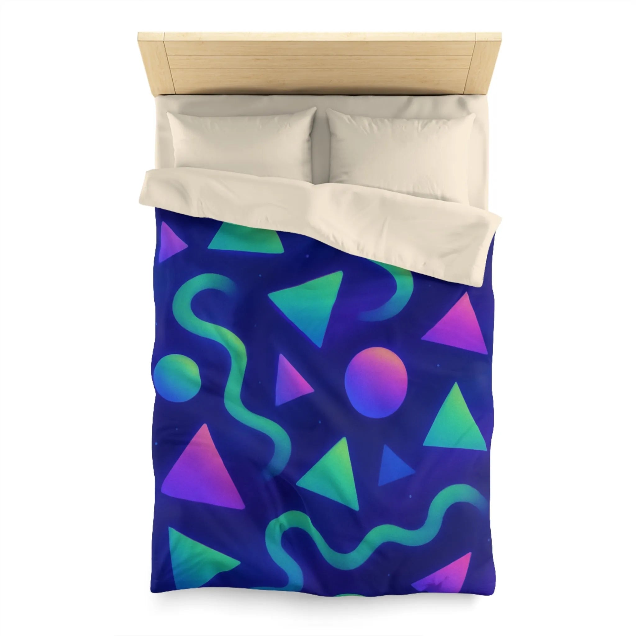 Housse de Couette Géométrique Néon Triangles Cercles Serpentins Design Psychédélique Bleu Violet