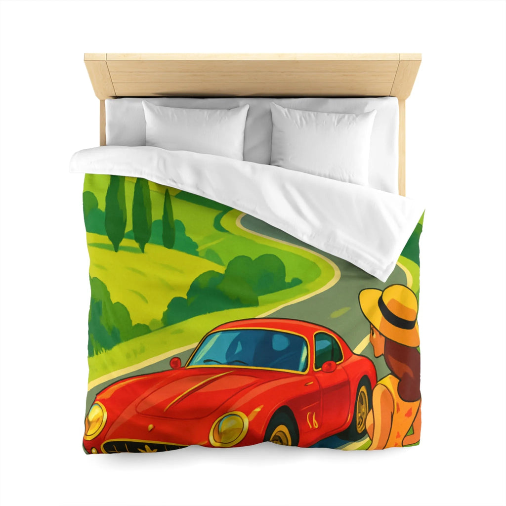 Housse de Couette Colorée avec Paysage Champêtre, Route Sinueuse et Voiture Rouge