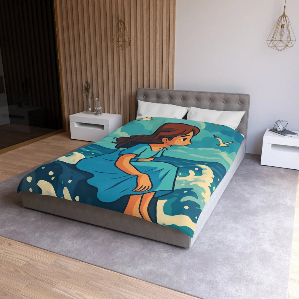 Housse de Couette Art Nouveau Femme Mermaid Assise sur Rochers avec Mouettes