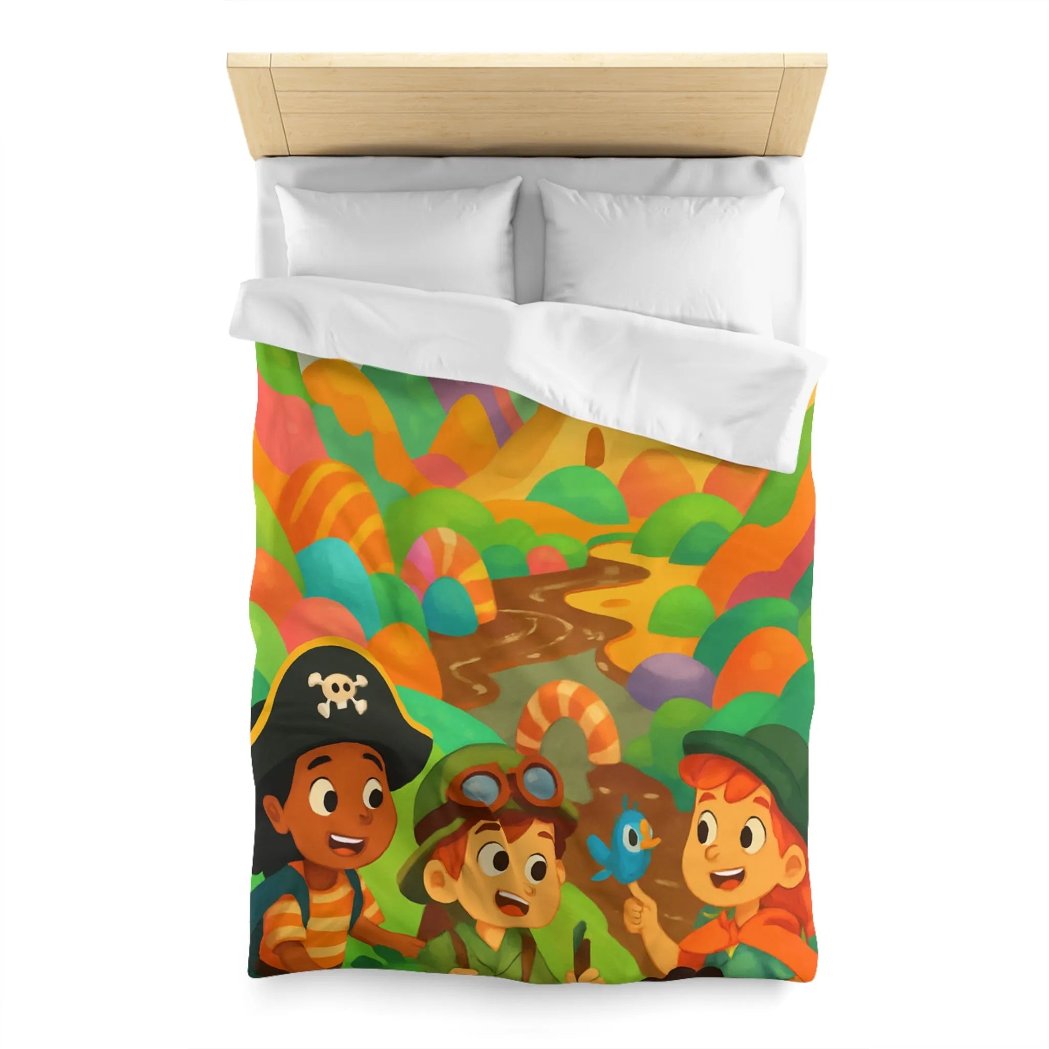 Housse de couette ludique pour enfants avec château et aventuriers aux couleurs vives