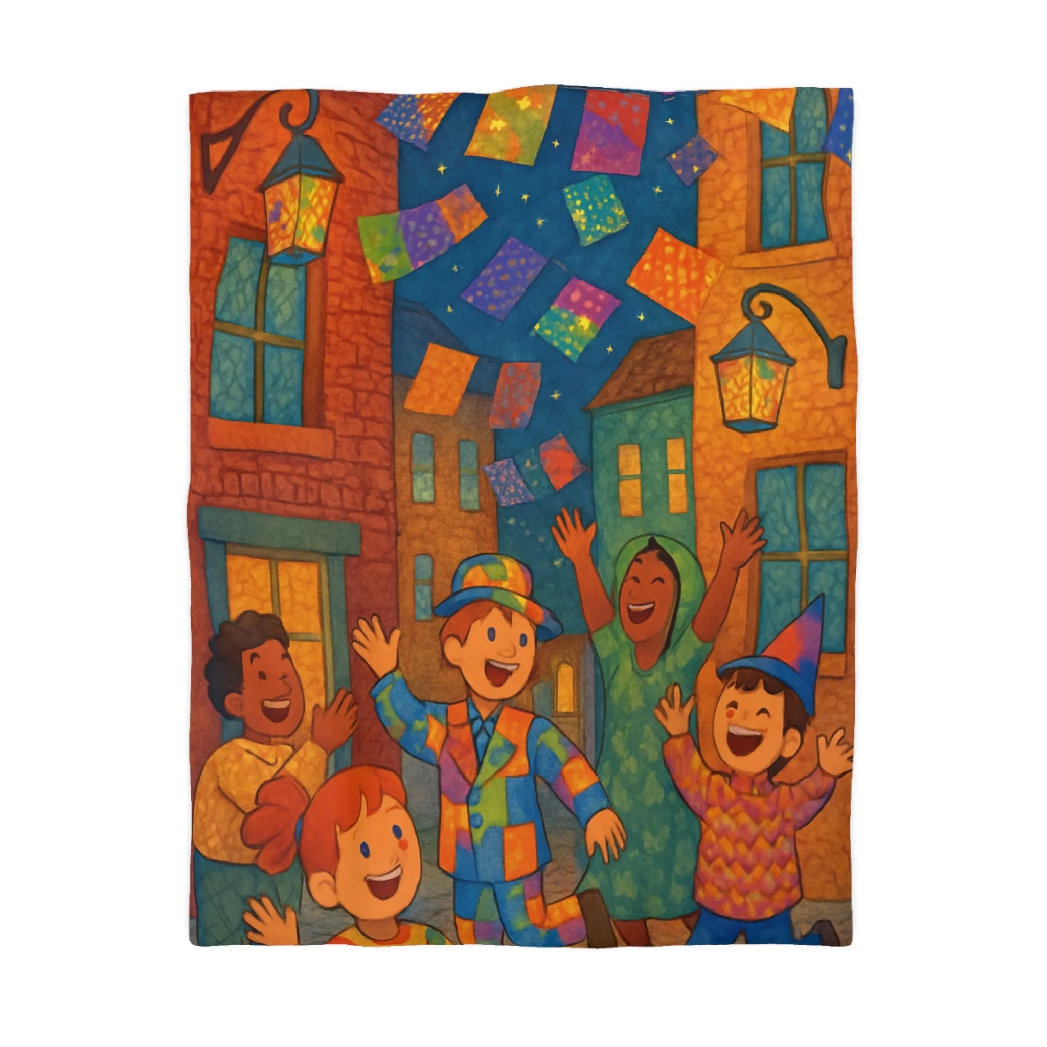 Housse de couette lumineuse enfants fête joyeuse rue colorée sous étoiles scintillantes