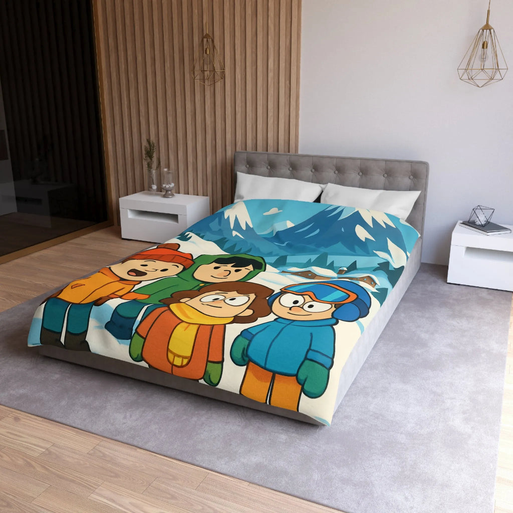 Housse de couette avec enfants joyeux et montagnes enneigées pour chambre d'enfant
