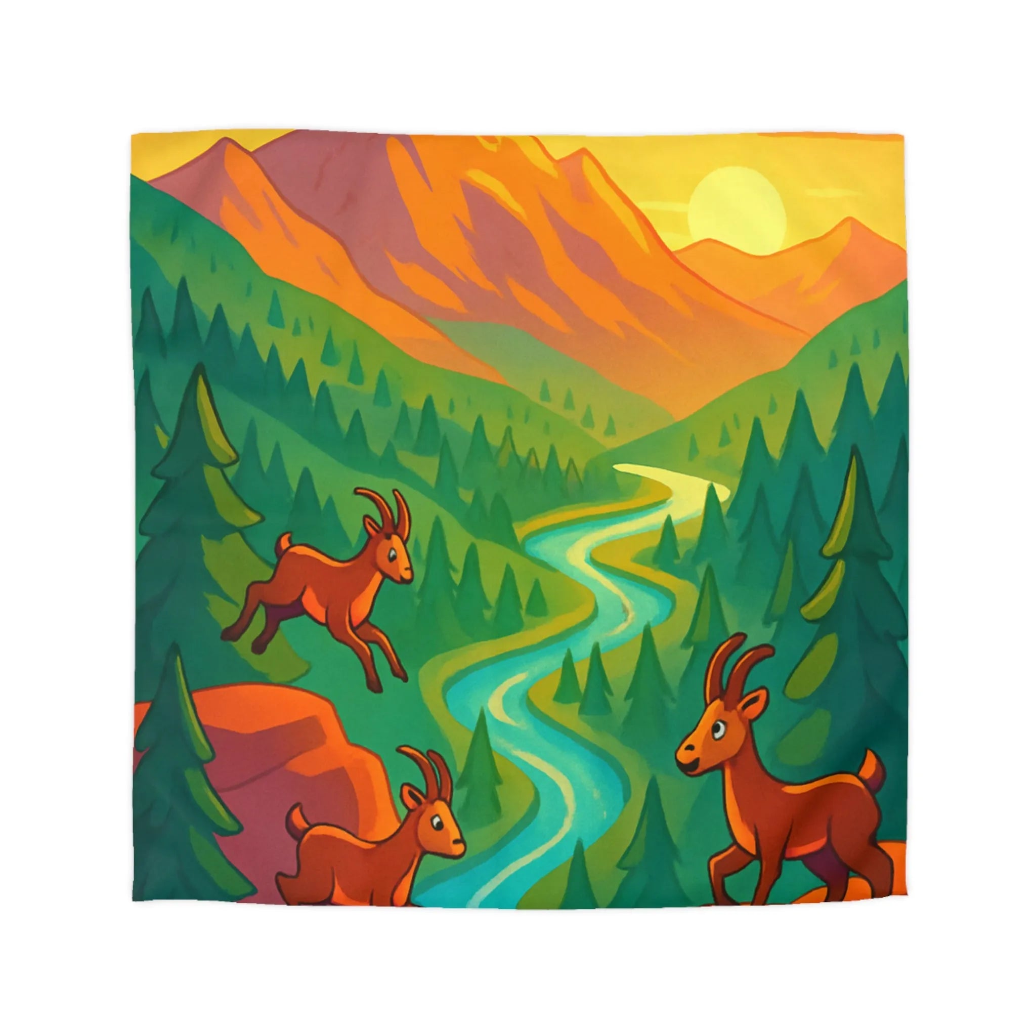 Housse de couette colorée avec paysage montagneux, bouquetins, et parapente joyeux