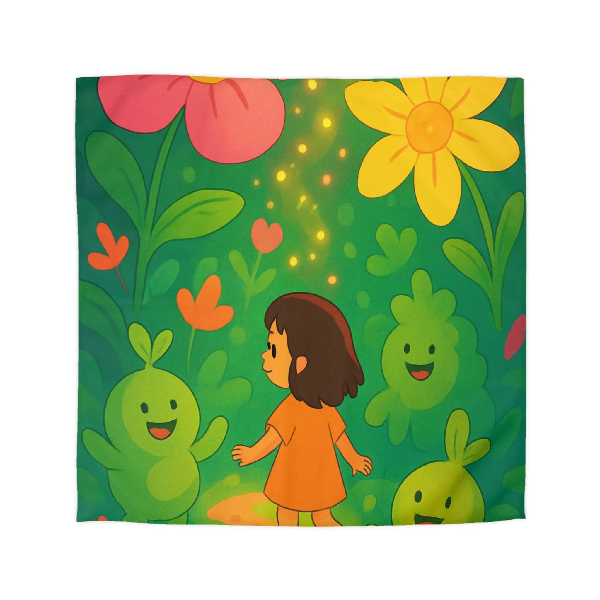 Housse de couette enfant avec fleurs colorées et créatures joyeuses dans forêt magique