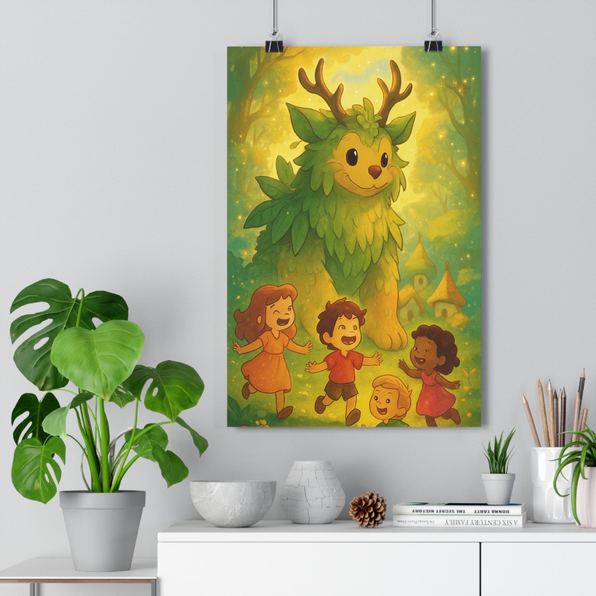 Poster décoratif cartoon enfants créature forêt vert jaune magique chambre ambiance rêveuse joyeuse fantaisie