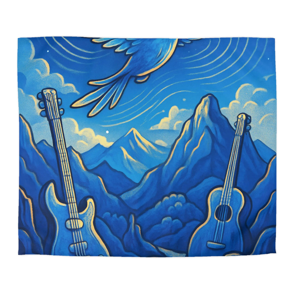 Housse de couette mélodieuse avec oiseau bleu et instruments de musique en montagne