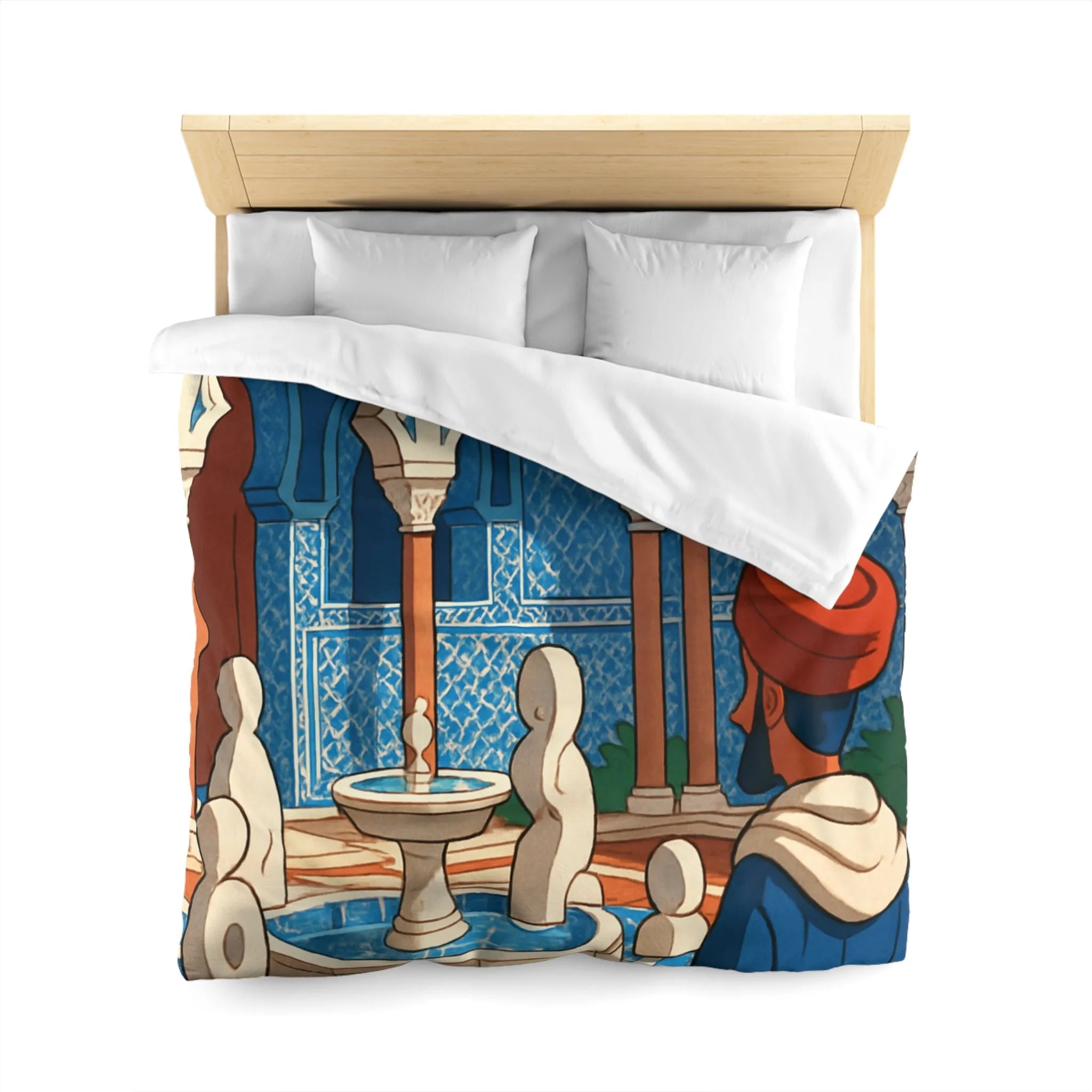 Housse de couette avec design marocain bleu, arches andalouses, fontaine et personnage paisible