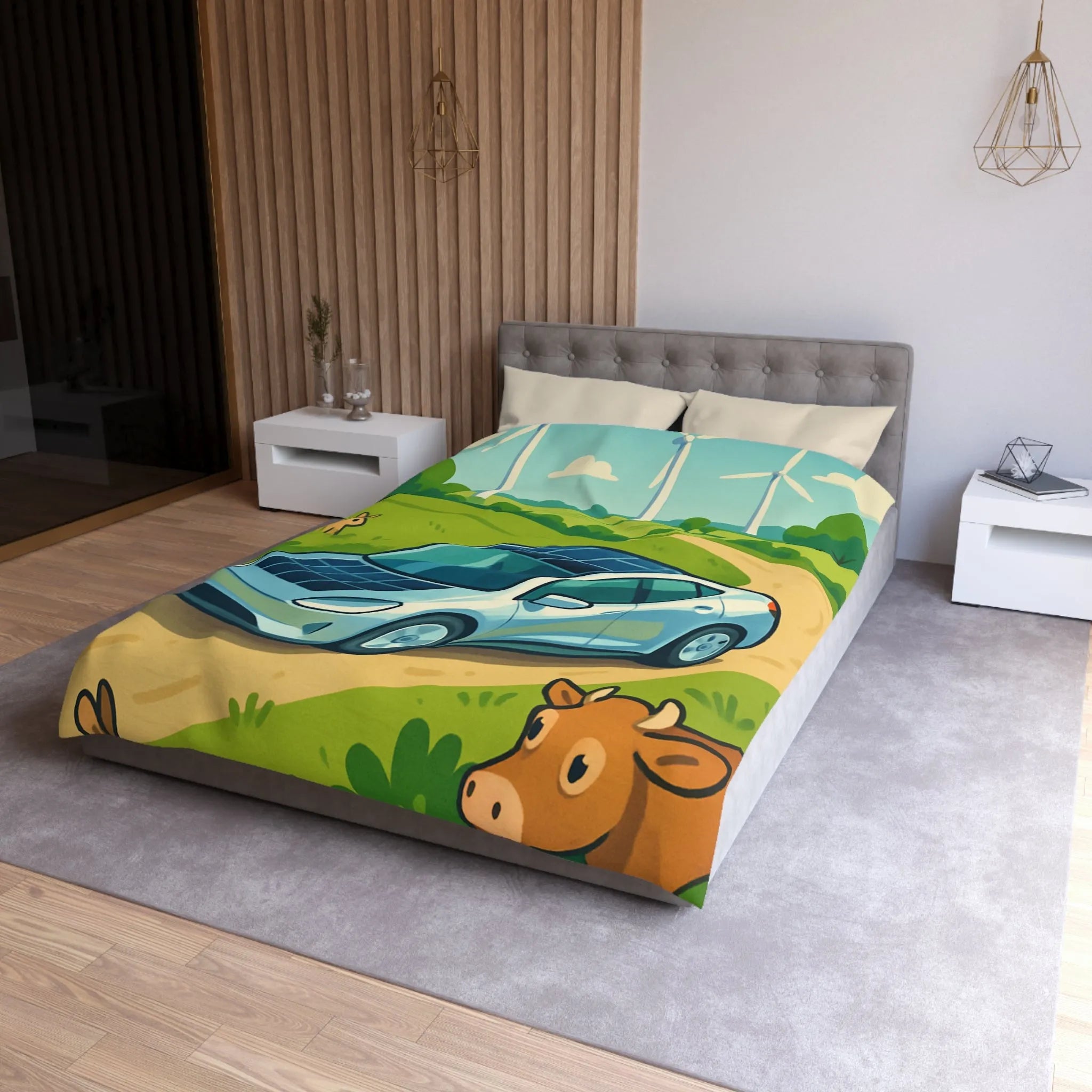 Housse de couette écologique avec voiture solaire, éoliennes et animaux dans la nature