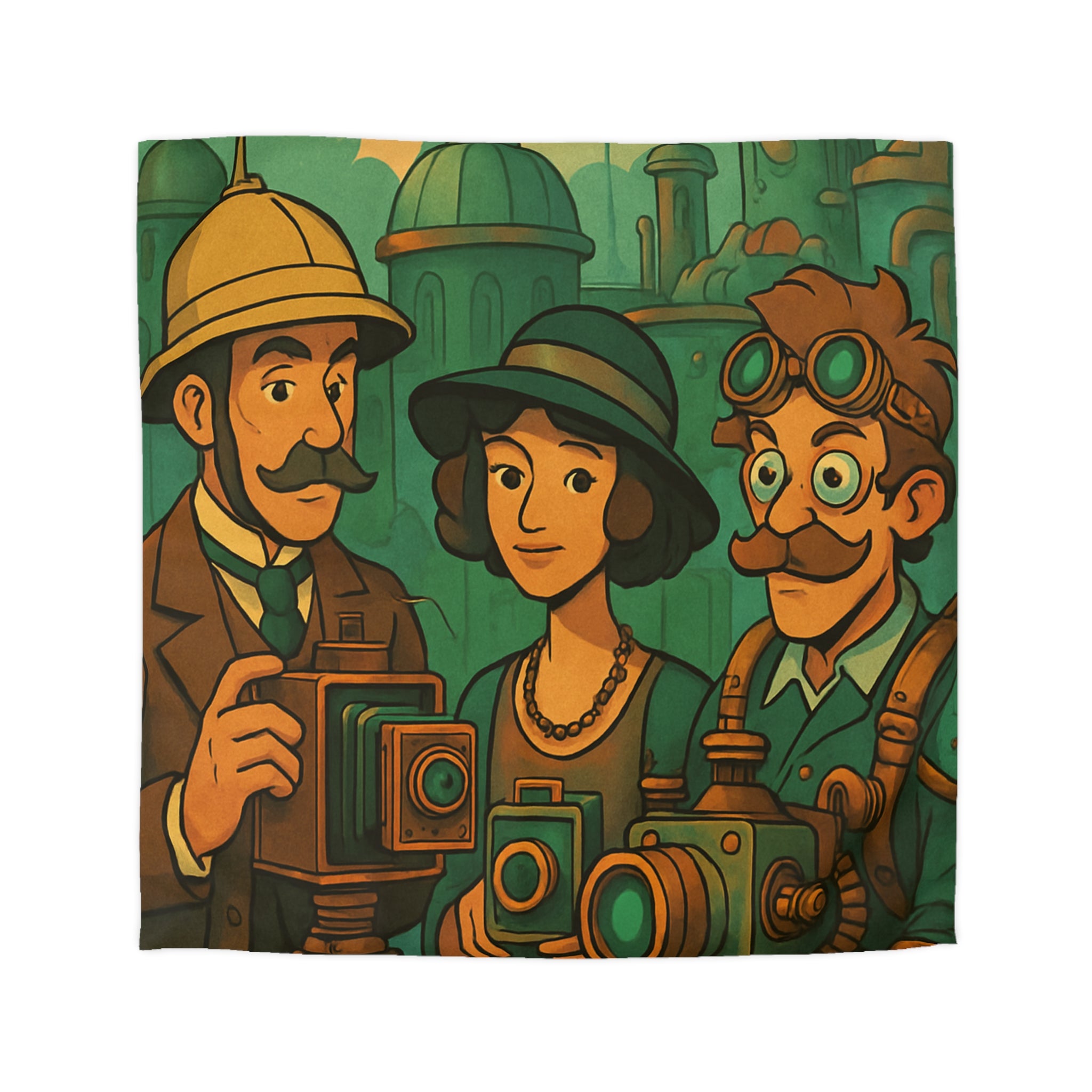 Vintage Steampunk Photographers Illustrating Historic Adventure with Unique Retro Cameras Design