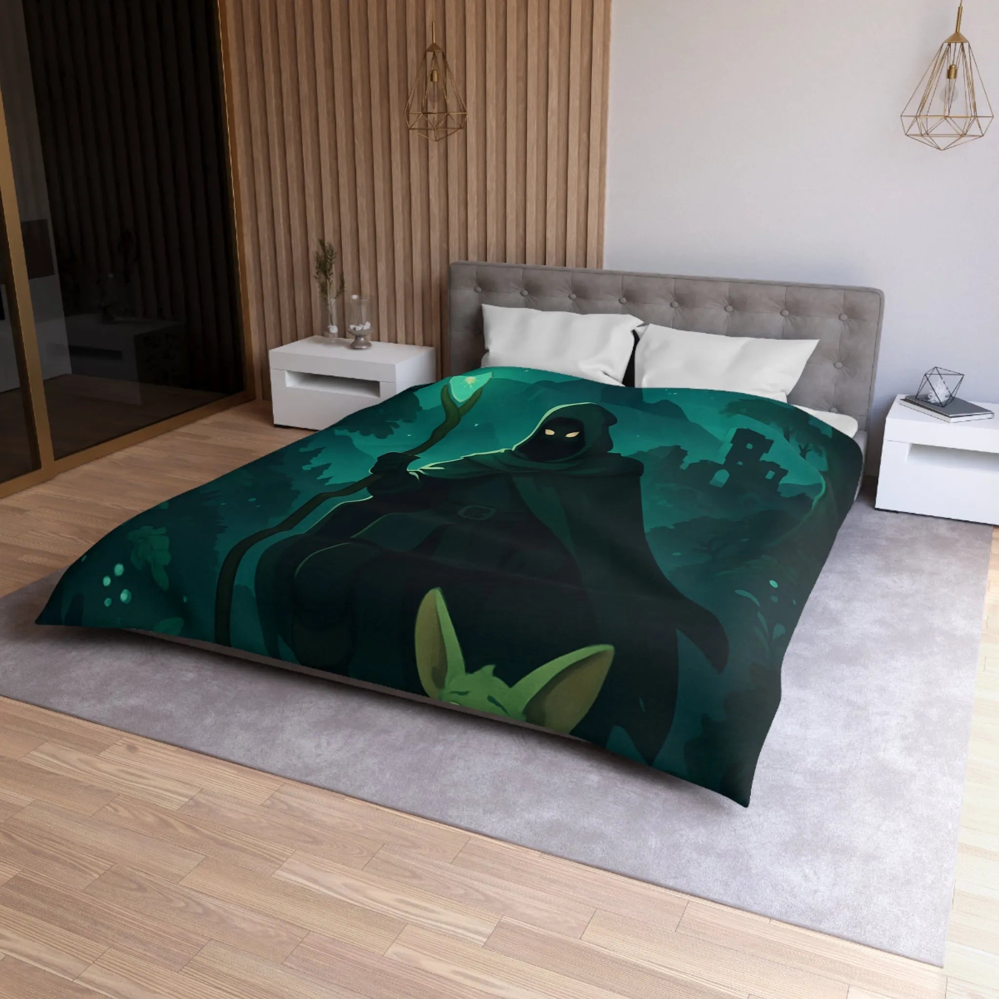 Housse de couette magique avec sorcier nocturne et créature enchantée sous lune étoilée