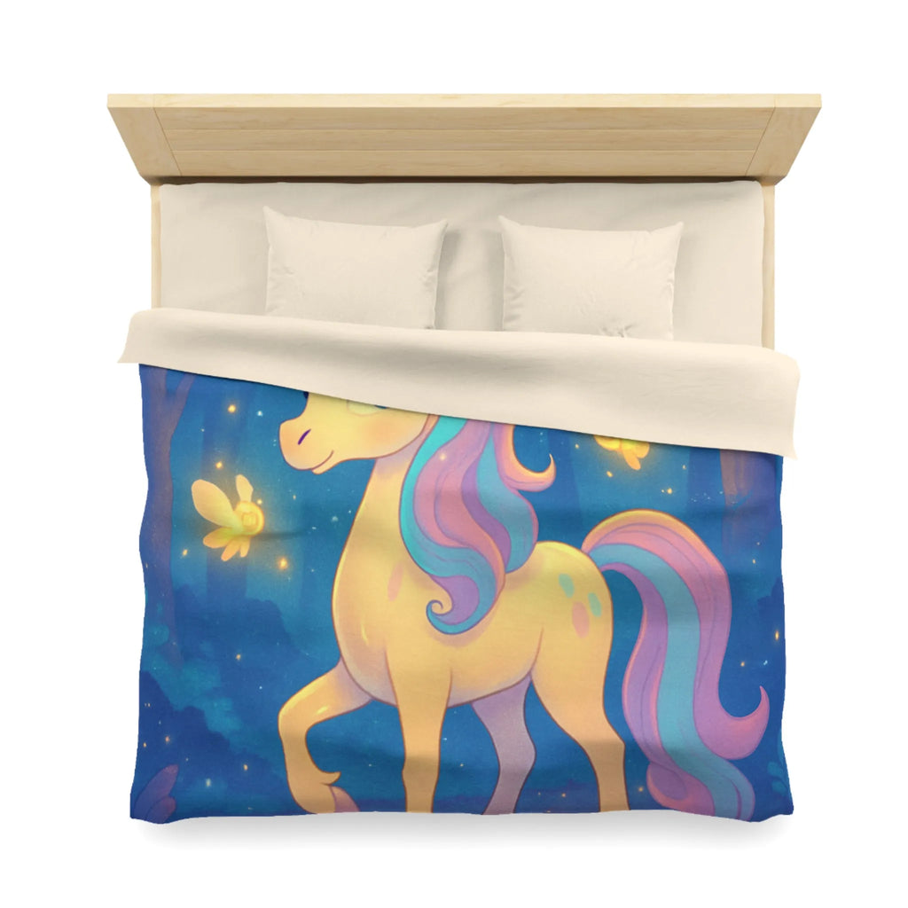 Housse de couette avec licorne féerique et lucioles dans une forêt enchantée