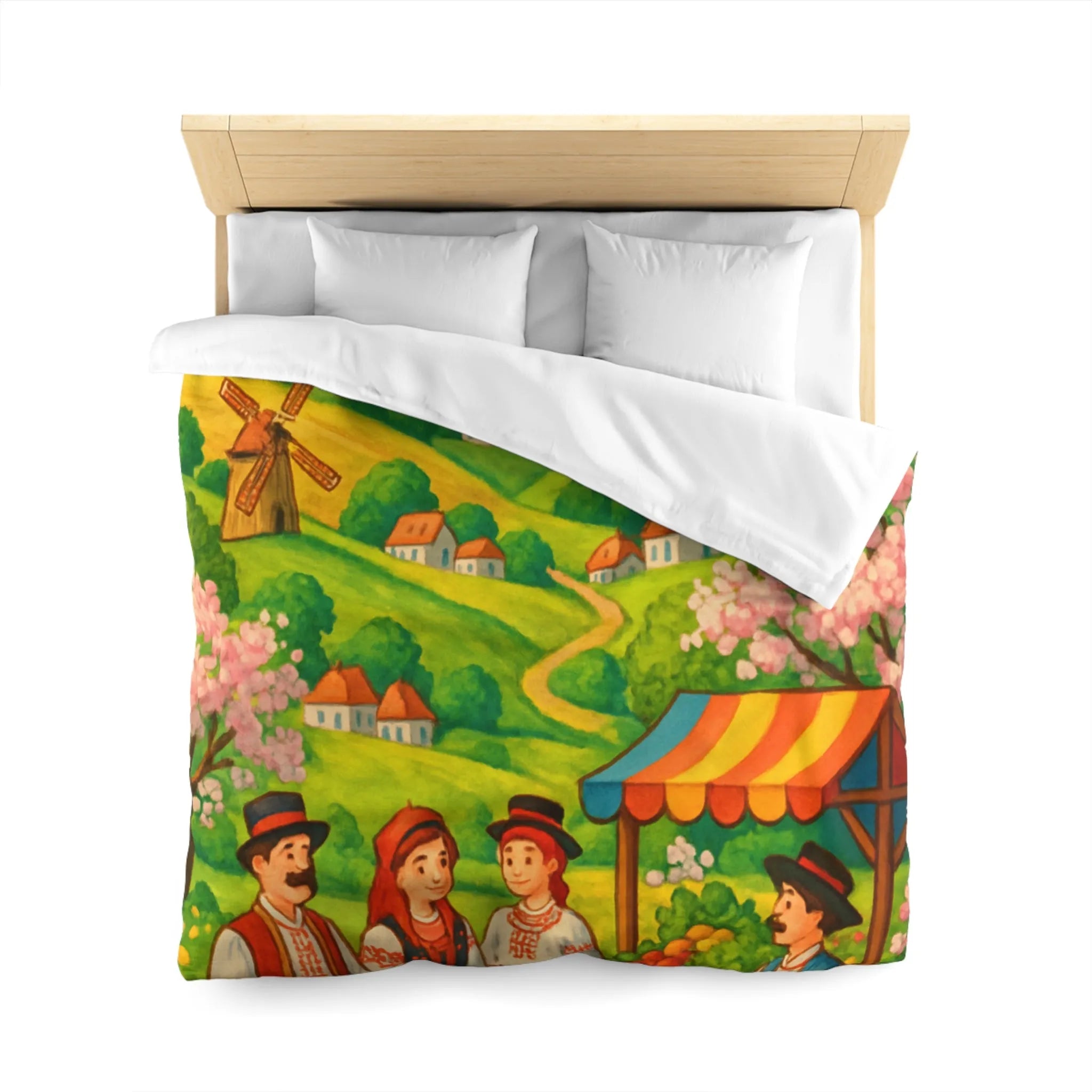 Housse de couette avec village champêtre, moulins et marché aux couleurs vives