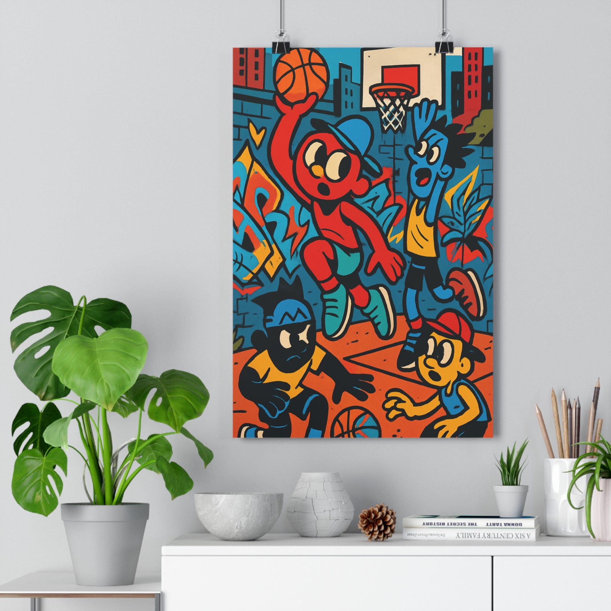 Poster décoratif cartoon basketball rouge bleu jaune urbain graffitis dynamique chambre enfant moderne éclatant