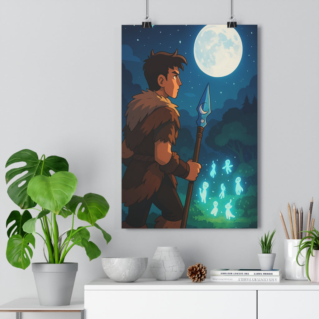 Poster décoratif guerrier mystique lune bleu vert salon chambre nature légende 30x46 cm qualité