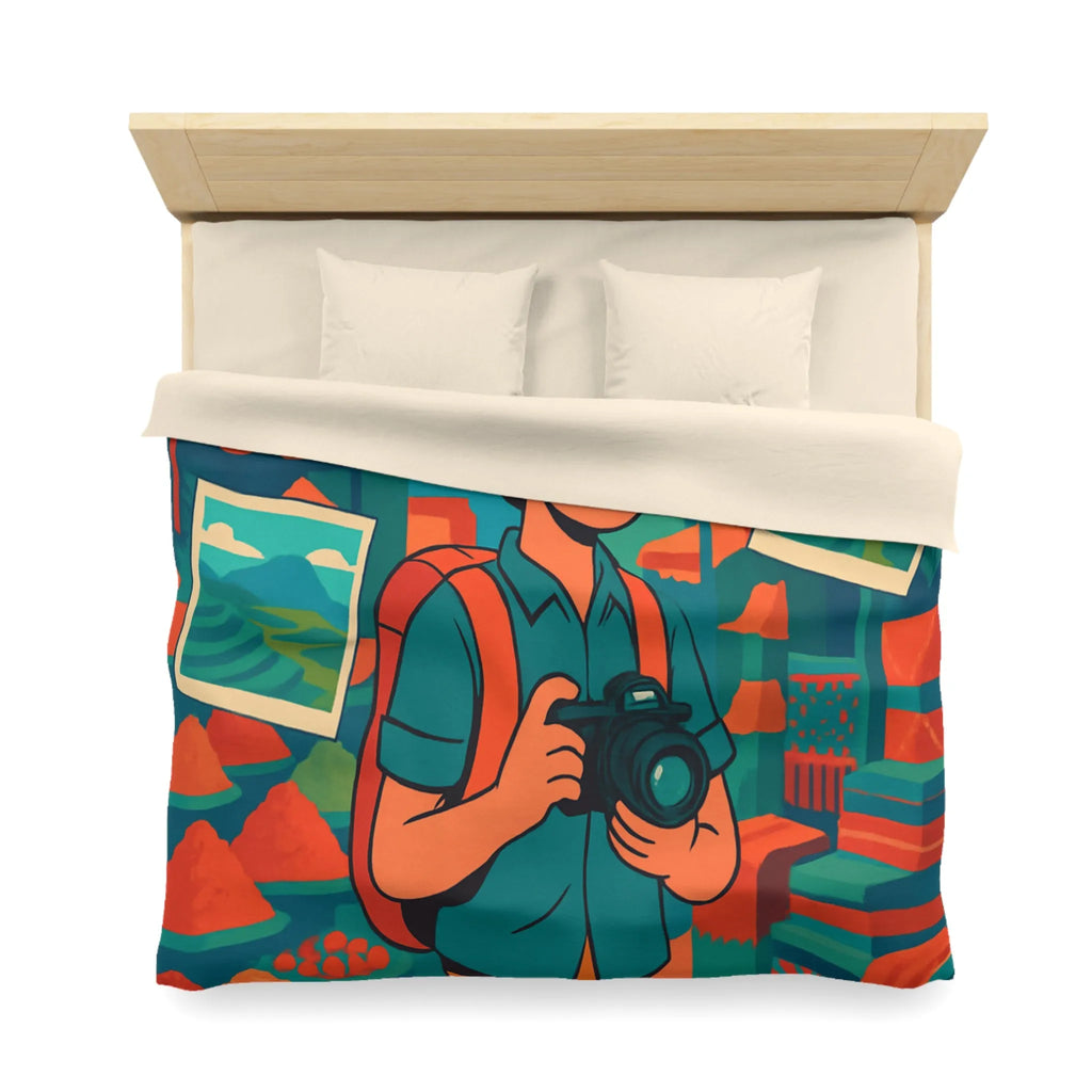 Housse de Couette Colorée avec Voyageur Photographiant un Marché Animé et Vibrant