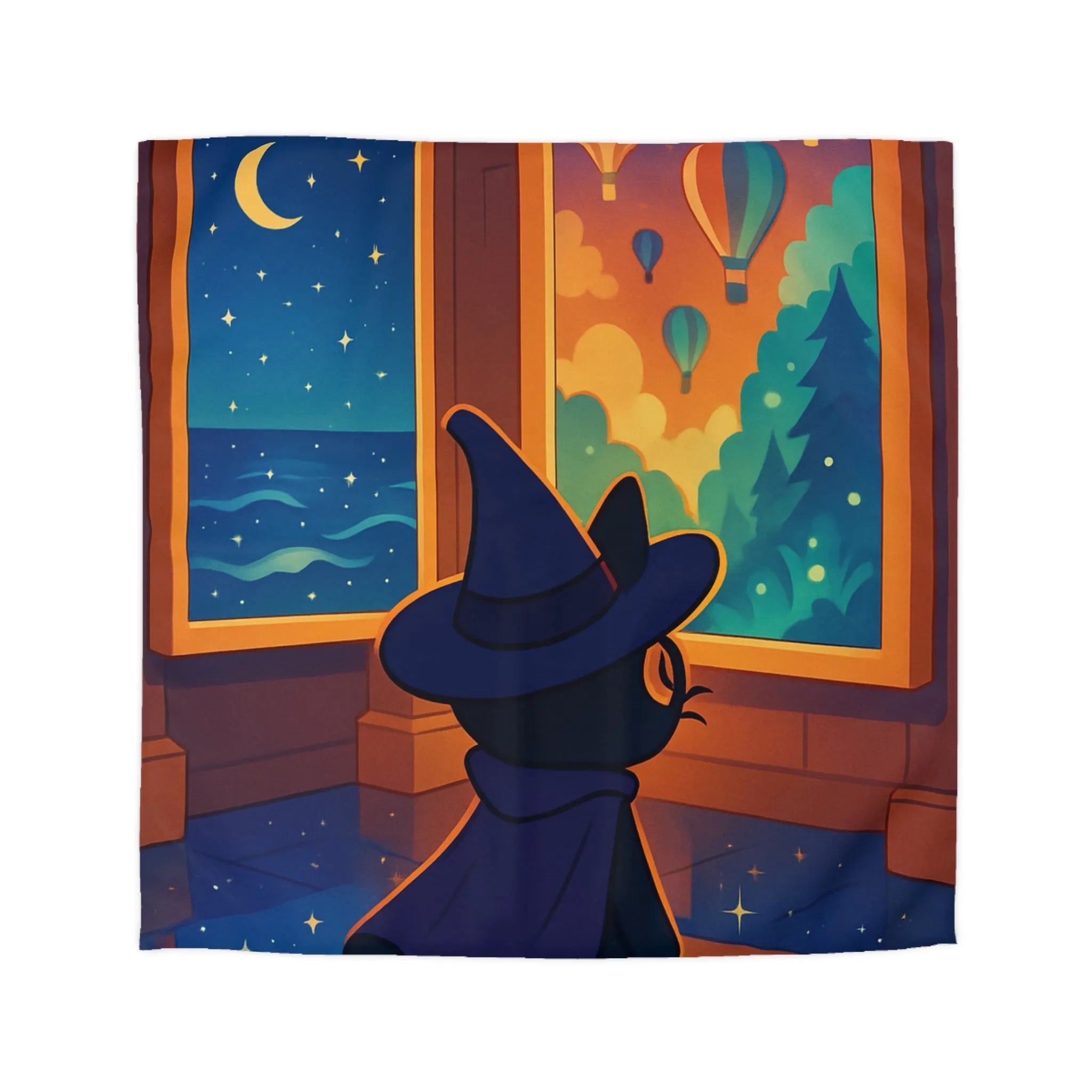 Housse de couette ambiance nocturne avec chat sorcier et paysages enchanteurs colorés