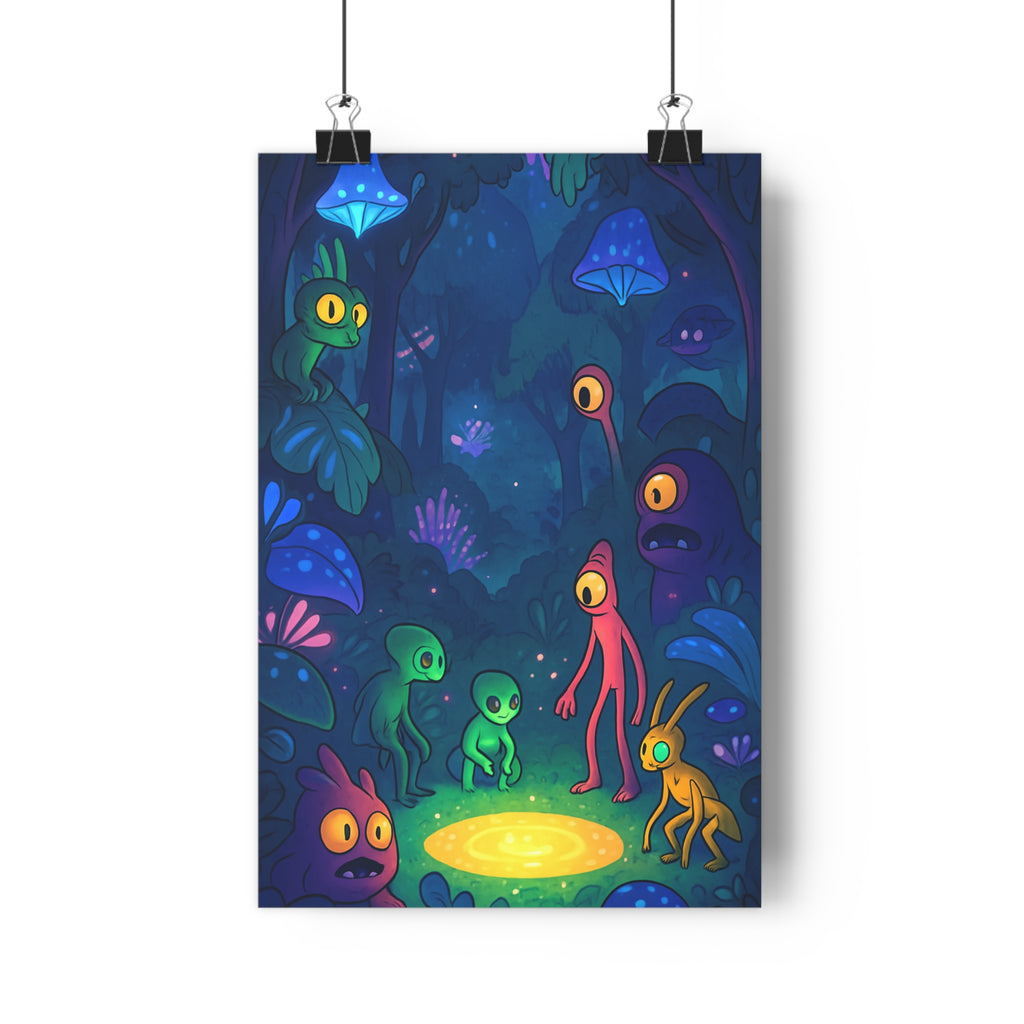 Poster décoratif fantastique aliens forêt mystérieuse bleu violet chambre détente ambiance onirique 30x46 cm