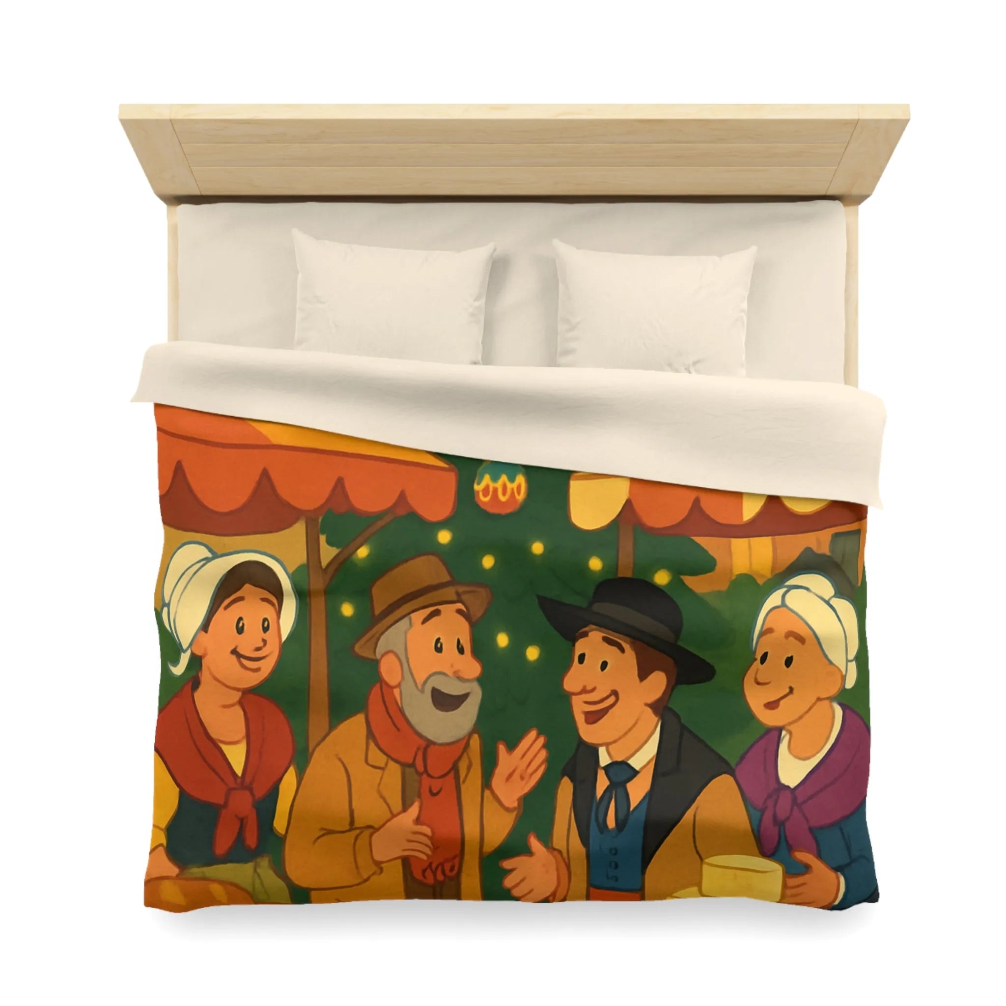 Housse de couette festive avec marché de Noël et sapin illuminé au village