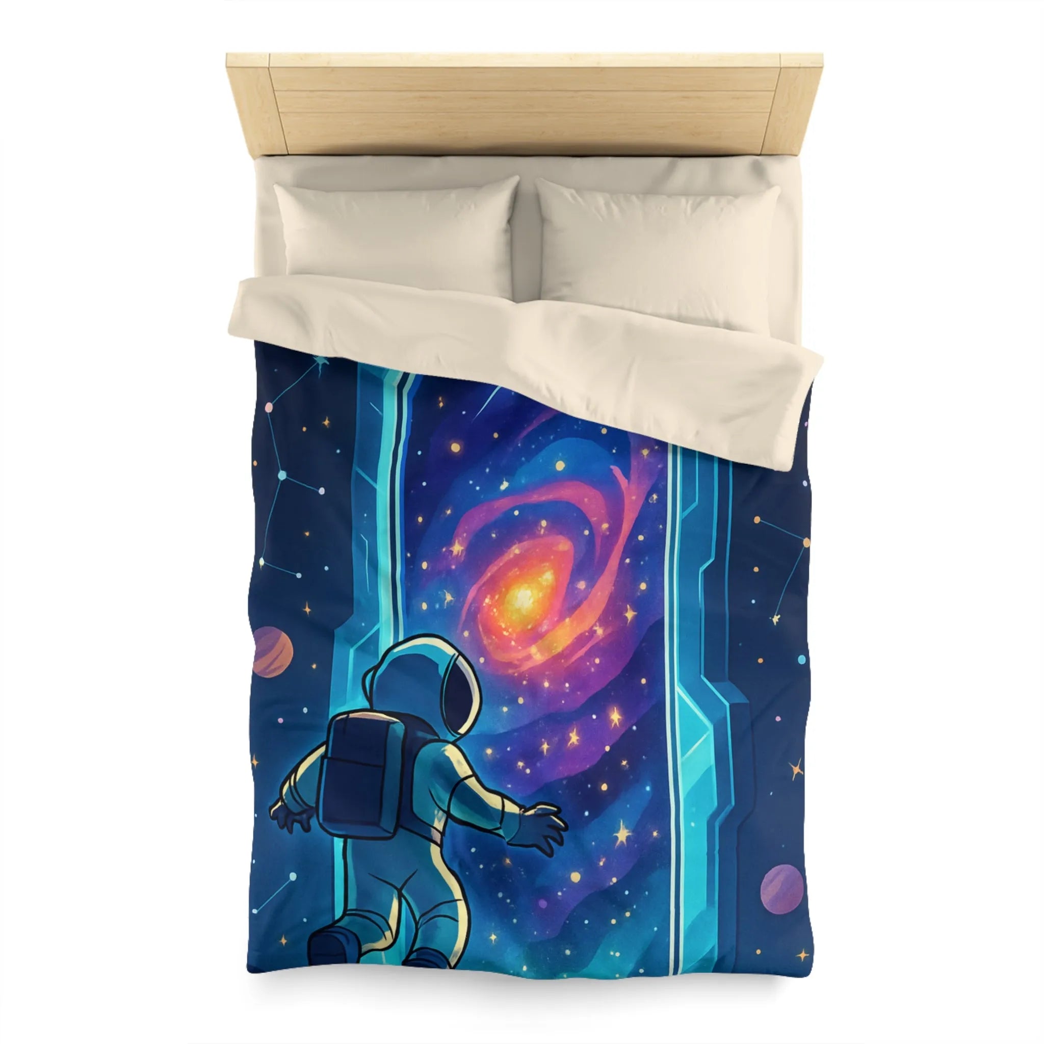 Housse de couette astronaute explorant portail galactique vibrant dans l'espace étoilé