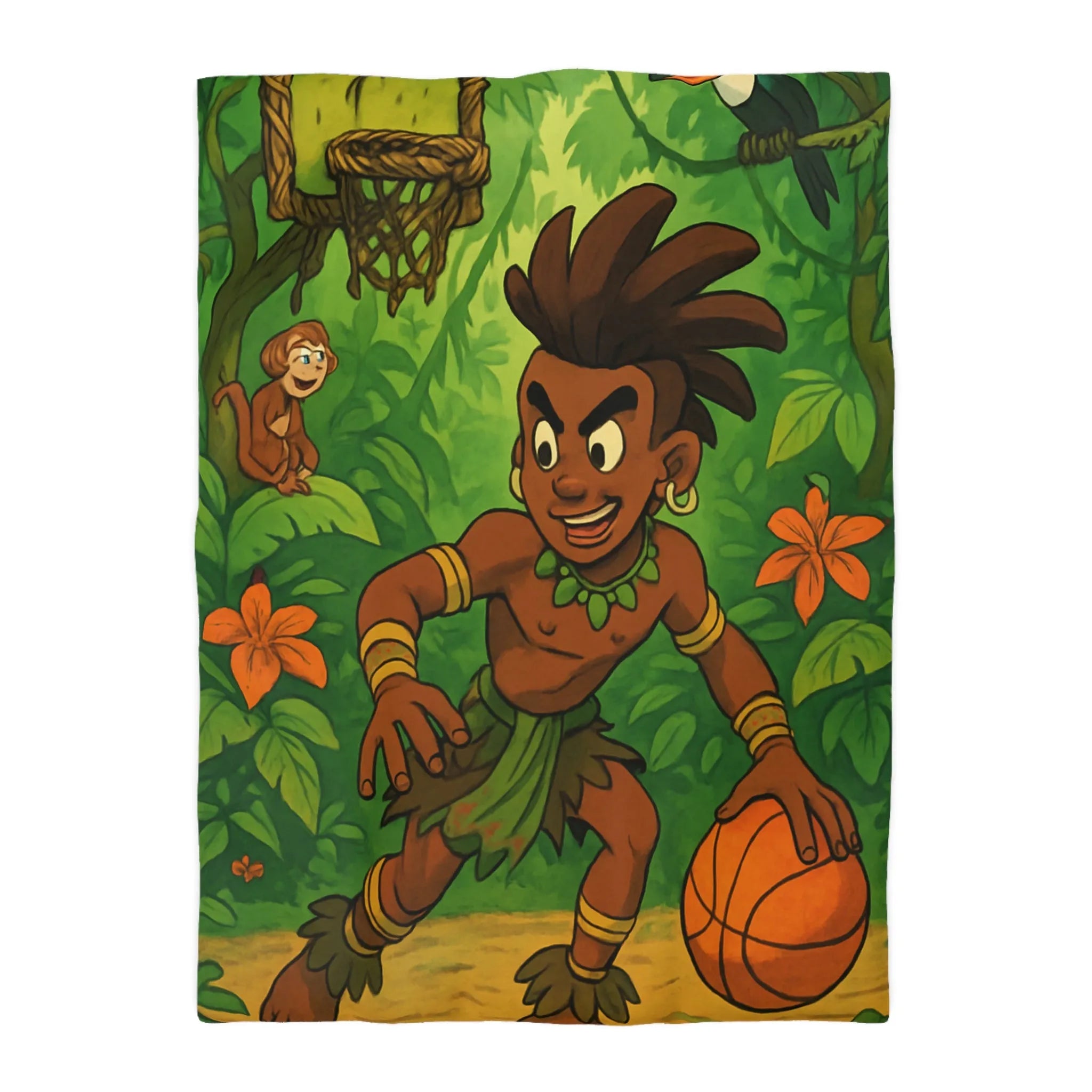 Housse de couette jungle avec garçon joueur de basket et animaux exotiques colorés